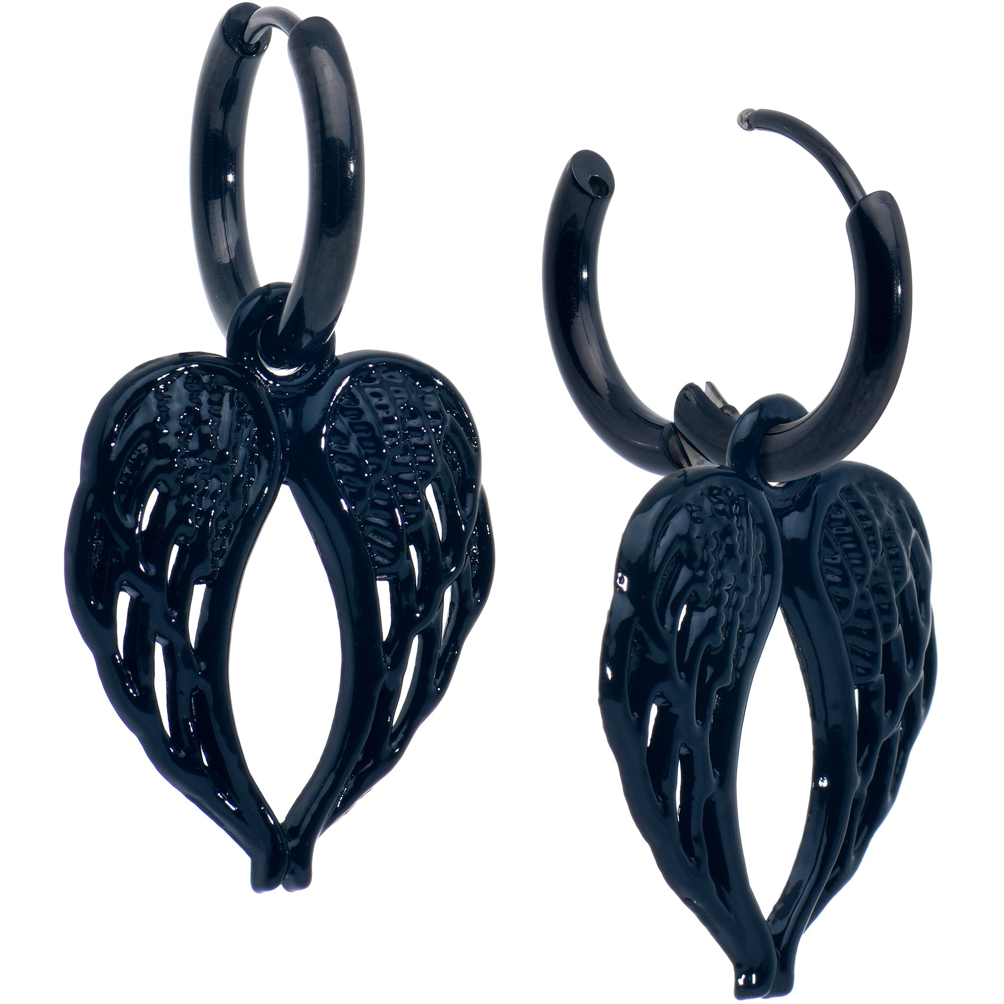 BodyCandy Black Anodized Steel Hinged Huggie Hoop Angel Wings Dangle Earrings — detail close-up