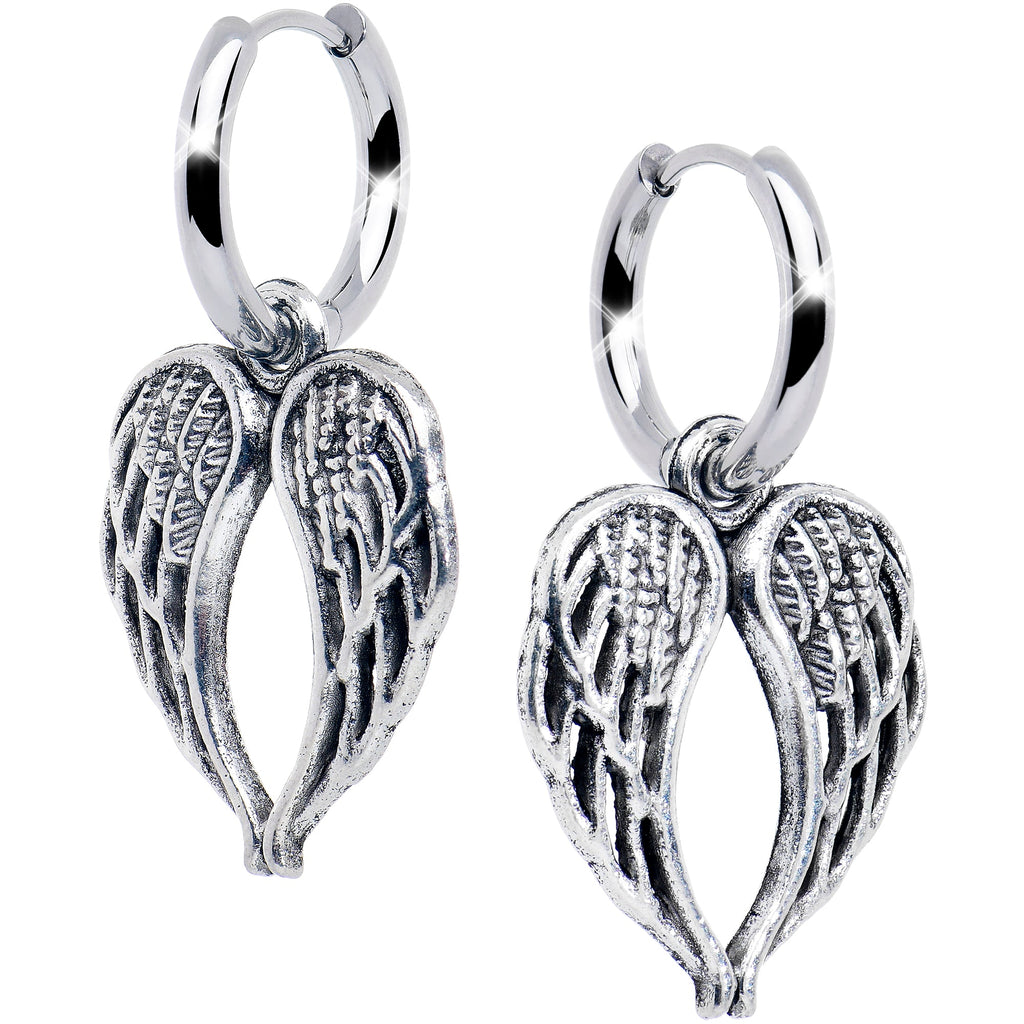 BodyCandy Stainless Steel Hinged Huggie Hoop Angel Wing Dangle Earrings — main product shot