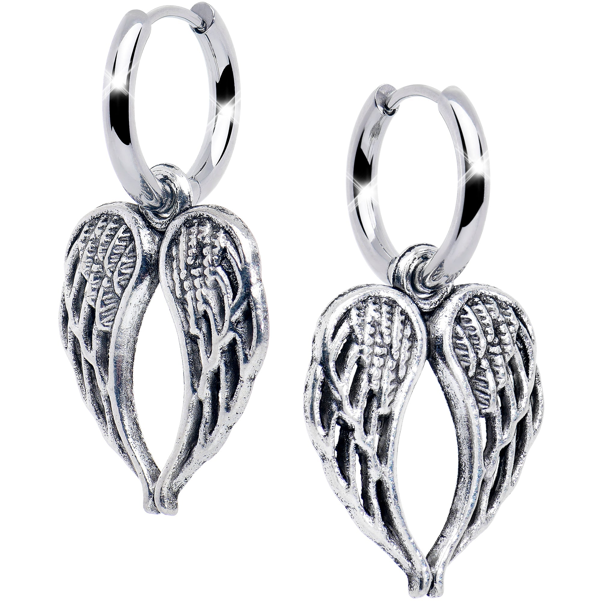 BodyCandy Stainless Steel Hinged Huggie Hoop Angel Wing Dangle Earrings — main product shot