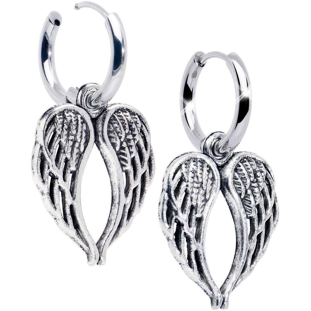 BodyCandy Stainless Steel Hinged Huggie Hoop Angel Wing Dangle Earrings — detail close-up
