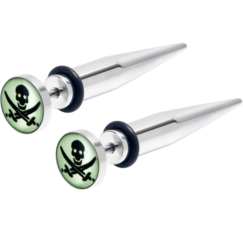BodyCandy Glow in the Dark Pirate Skull Stainless Steel Taper Cheater Plug Set — main product shot