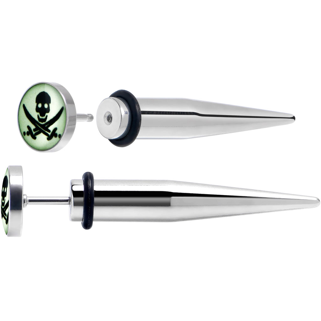 BodyCandy Glow in the Dark Pirate Skull Stainless Steel Taper Cheater Plug Set — detail close-up