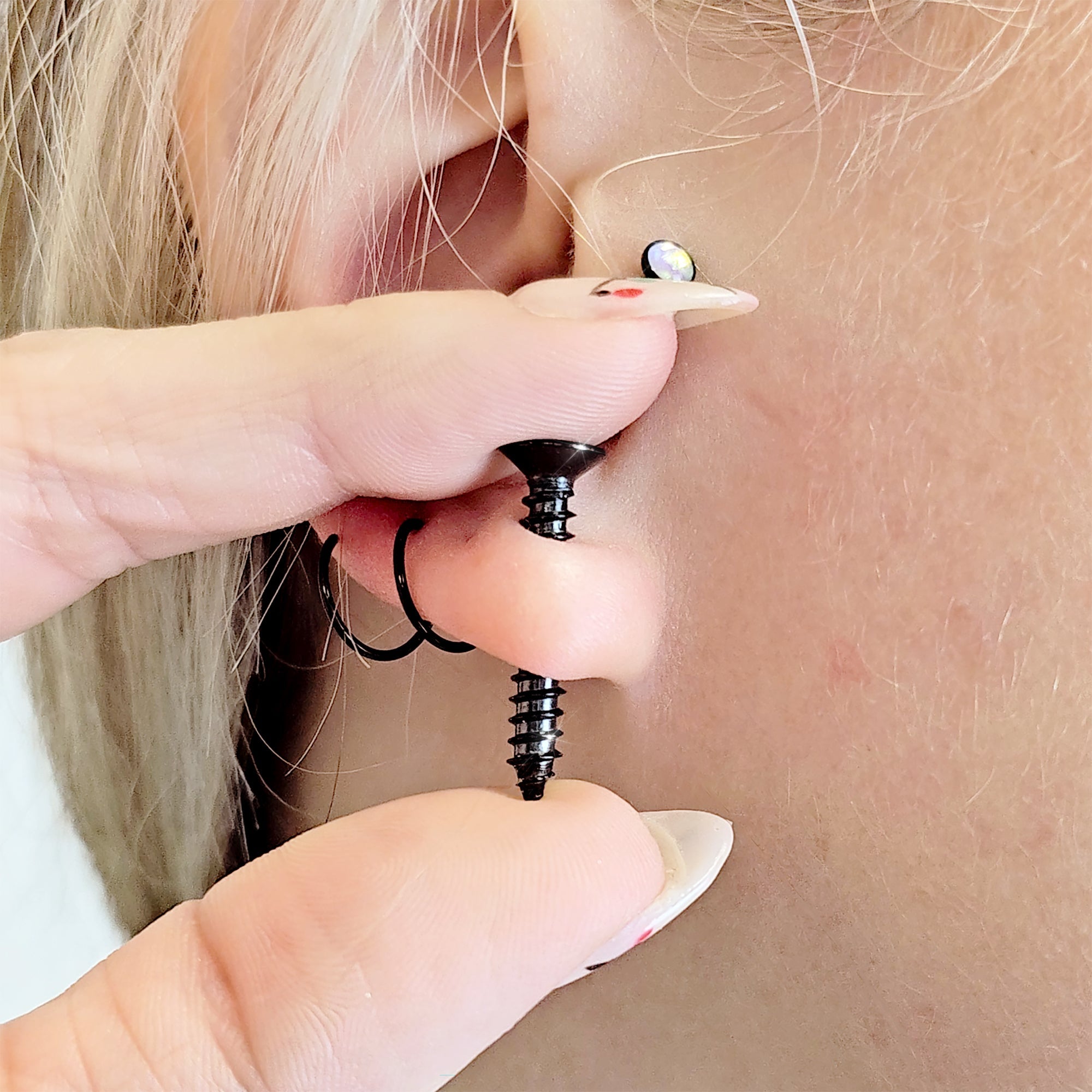 BodyCandy Black Stainless Steel Screw Stud Earrings Cheater Plug Set — side view