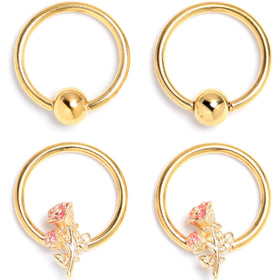 16G 3/8 Gold Tone Regal Rose BCR Captive Ring Set of 4