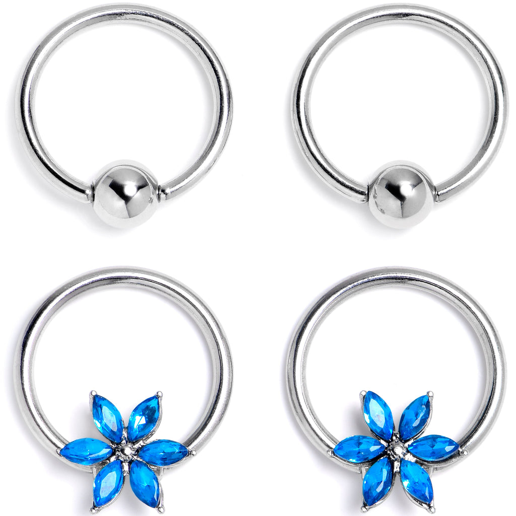 BodyCandy 16G 3/8 Blue Gem Flower Blossom BCR Captive Ring Set of 4 — main product shot