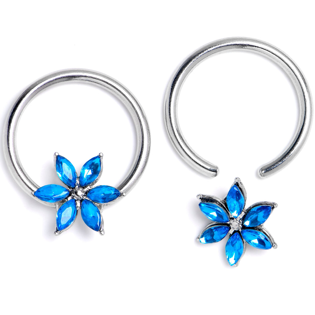 BodyCandy 16G 3/8 Blue Gem Flower Blossom BCR Captive Ring Set of 4 — detail close-up