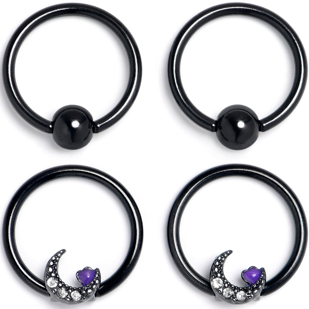 BodyCandy 16G 3/8 Clear Gem Black Moon Heart BCR Captive Ring Set of 4 — main product shot