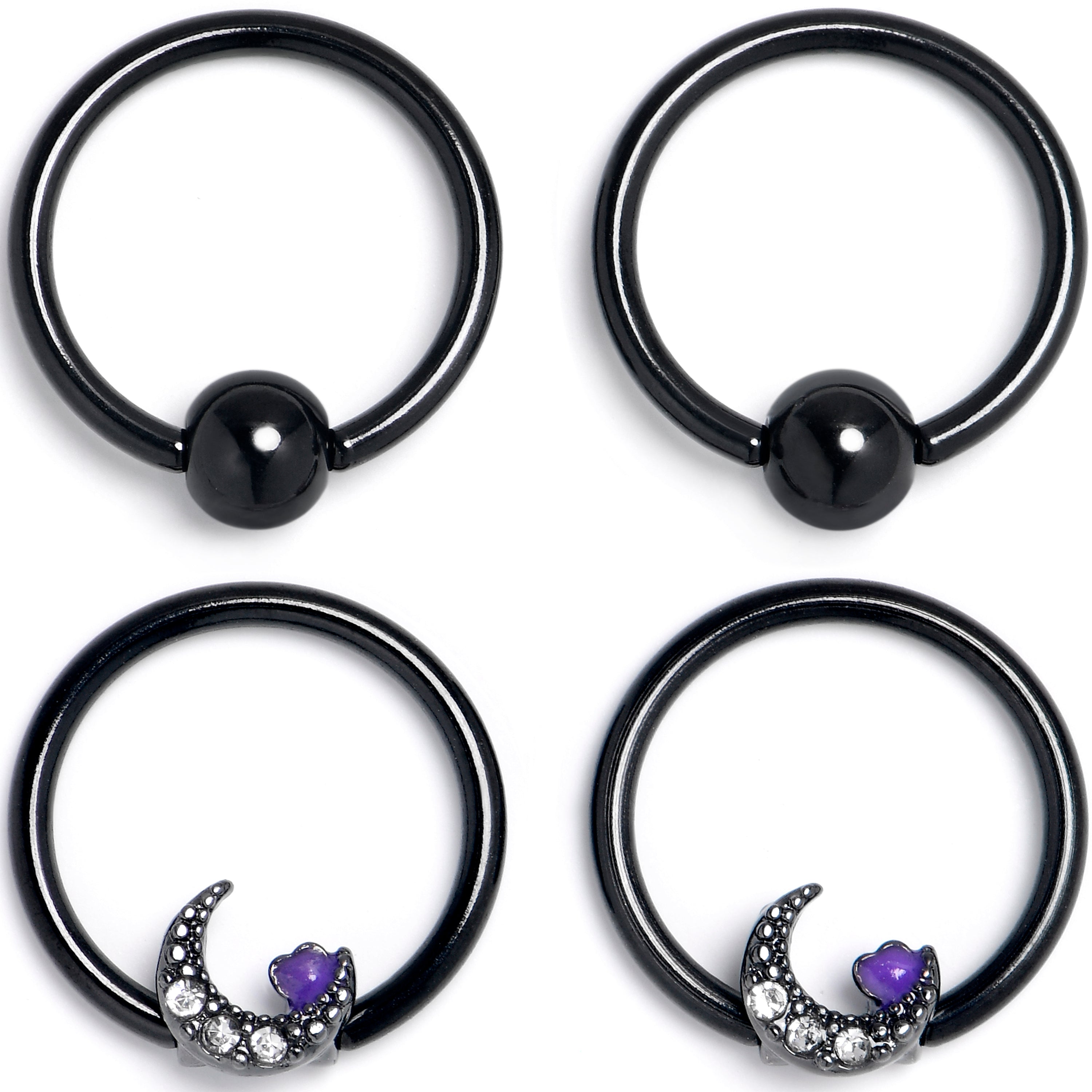 BodyCandy 16G 3/8 Clear Gem Black Moon Heart BCR Captive Ring Set of 4 — main product shot