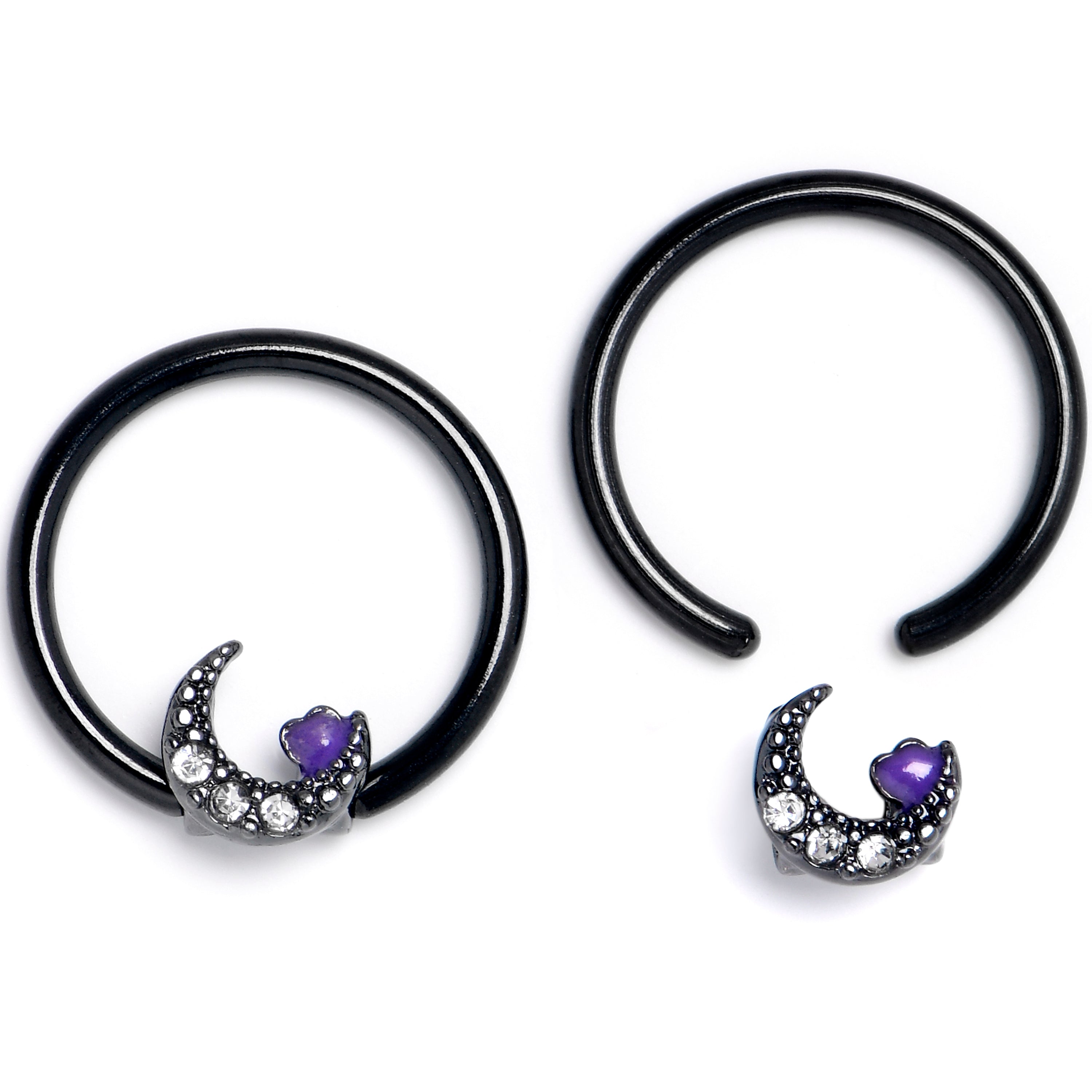 BodyCandy 16G 3/8 Clear Gem Black Moon Heart BCR Captive Ring Set of 4 — detail close-up