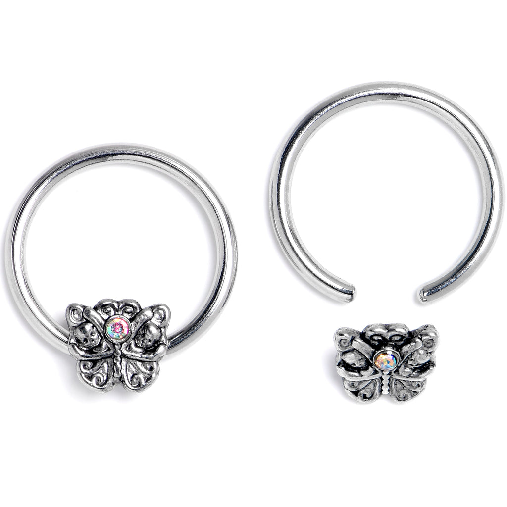 BodyCandy 16G 3/8 Aurora Gem Butterfly Ornate BCR Captive Ring Set of 4 — detail close-up