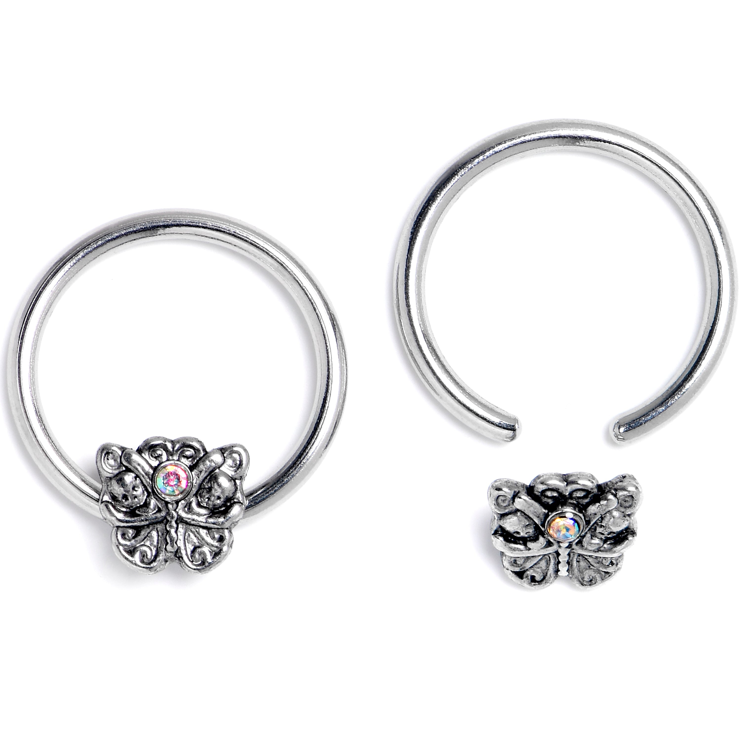 BodyCandy 16G 3/8 Aurora Gem Butterfly Ornate BCR Captive Ring Set of 4 — detail close-up