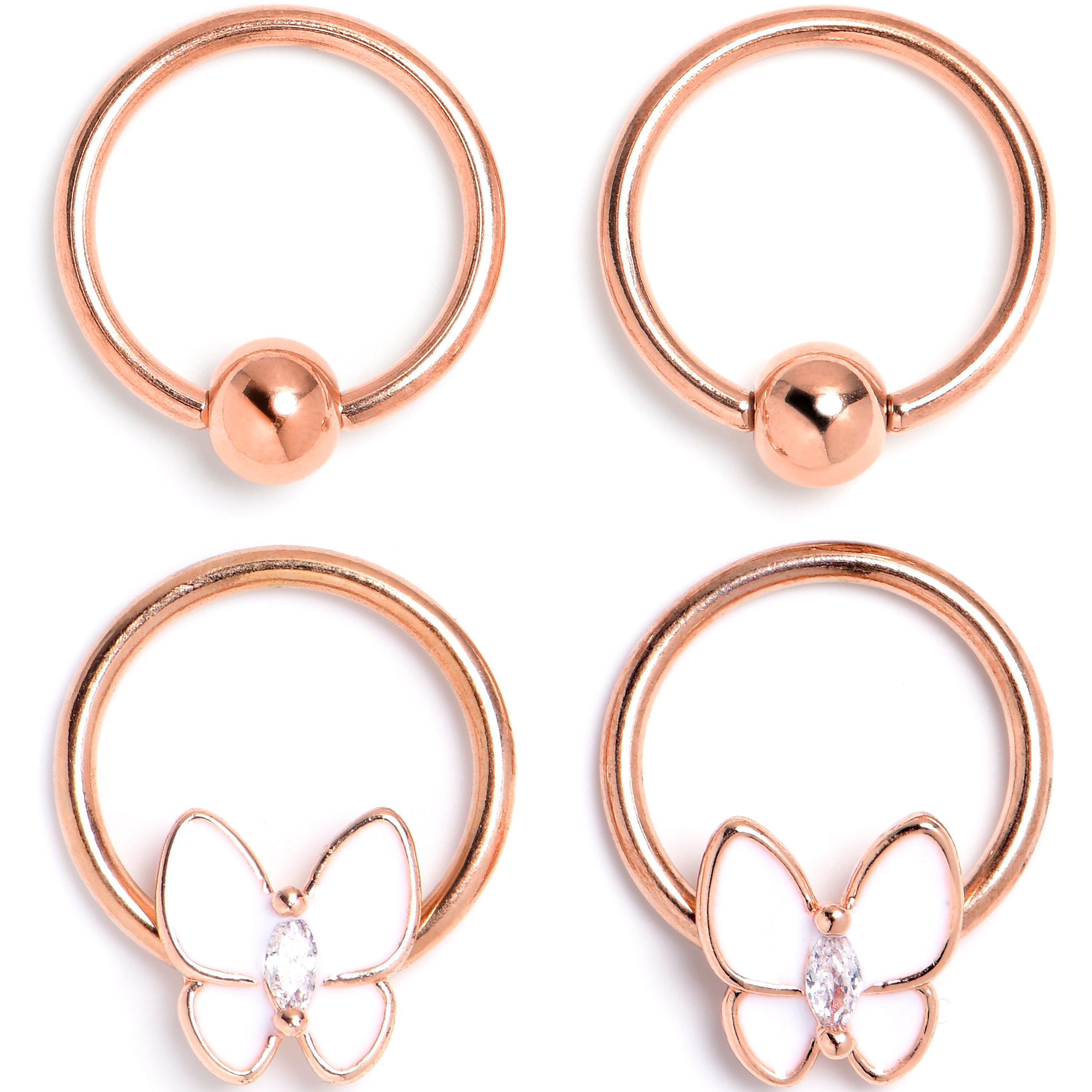 BodyCandy 16G 3/8 Clear Gem Rose Gold Tone Butterfly BCR Captive Ring Set of 4 — main product shot