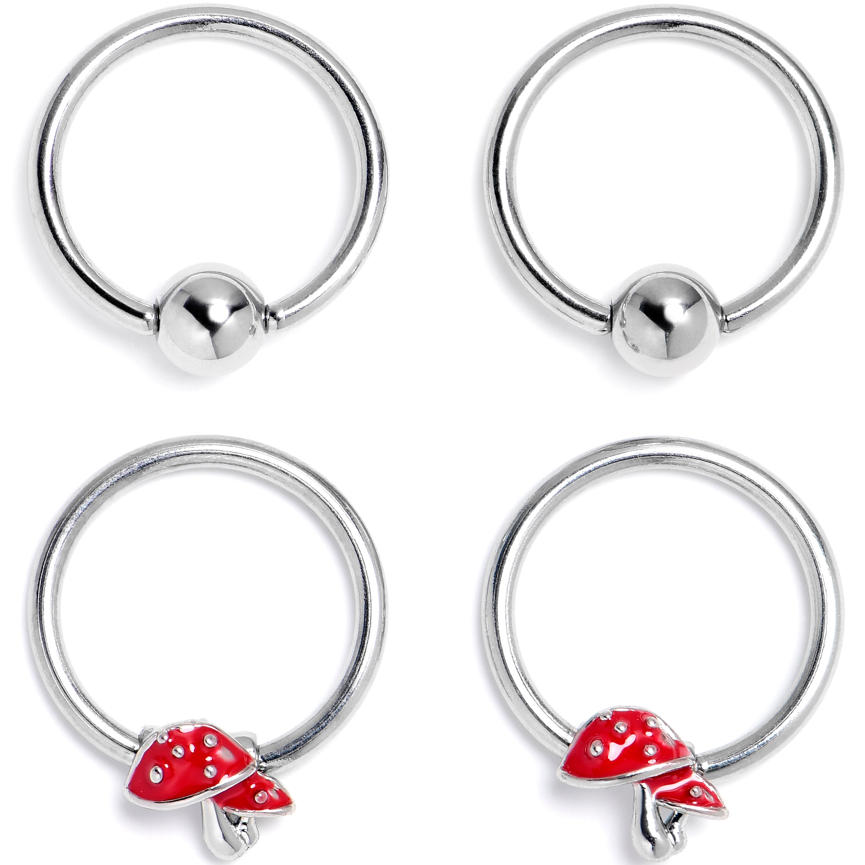 BodyCandy 16G 3/8 Mushroom Red Top BCR Captive Ring Set of 4 — main product shot