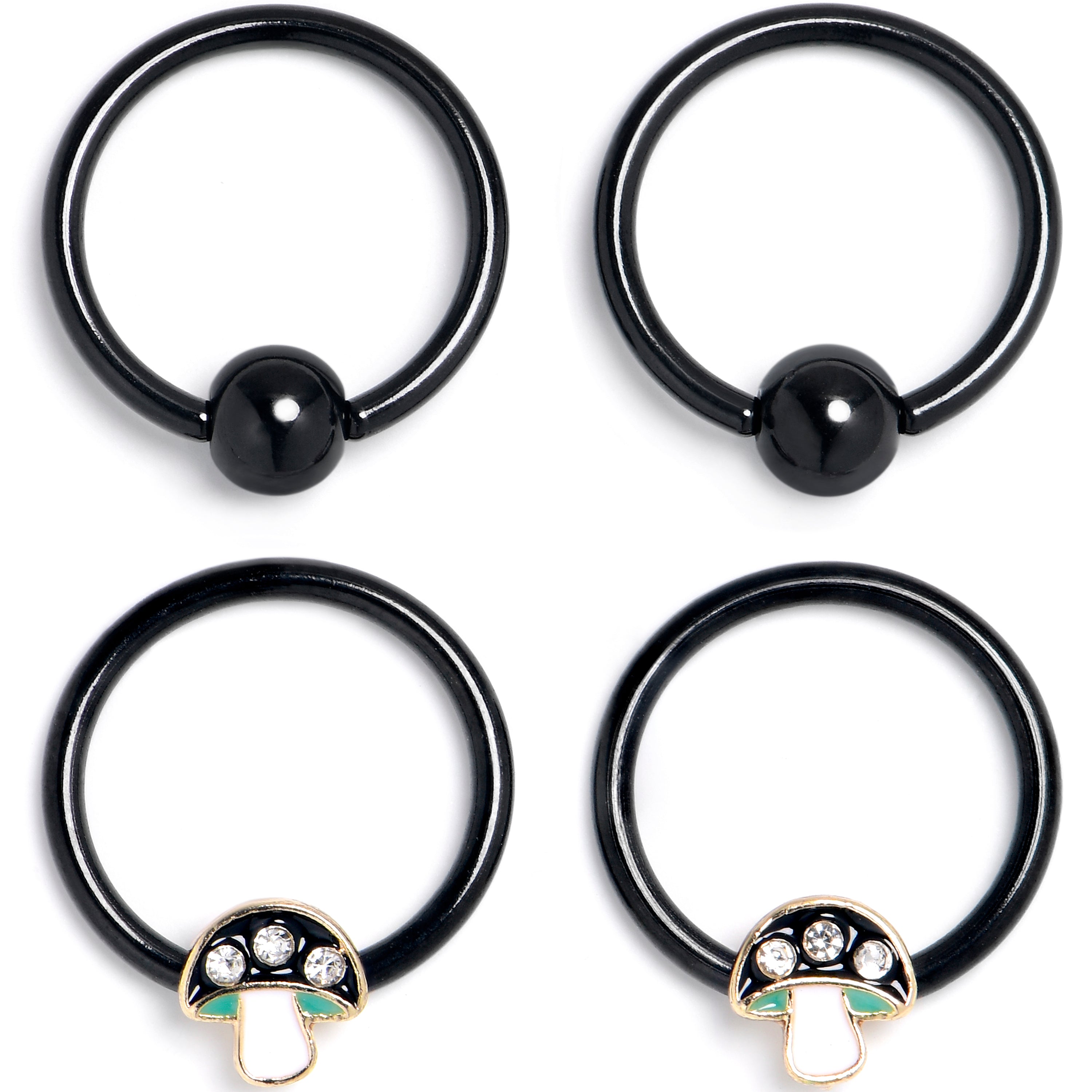 BodyCandy 16G 3/8 Clear Gem Black Mushroom BCR Captive Ring Set of 4 — main product shot