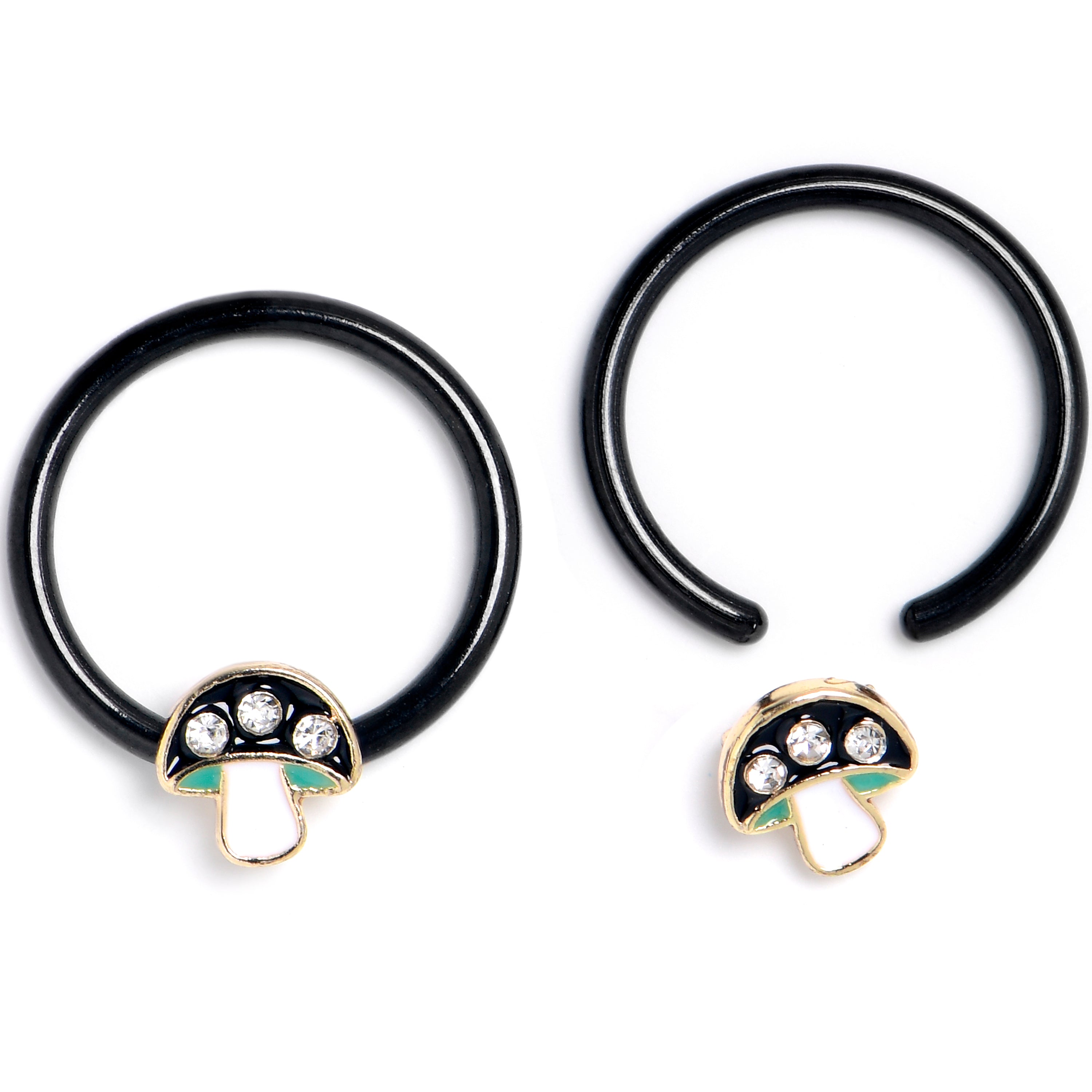 BodyCandy 16G 3/8 Clear Gem Black Mushroom BCR Captive Ring Set of 4 — detail close-up