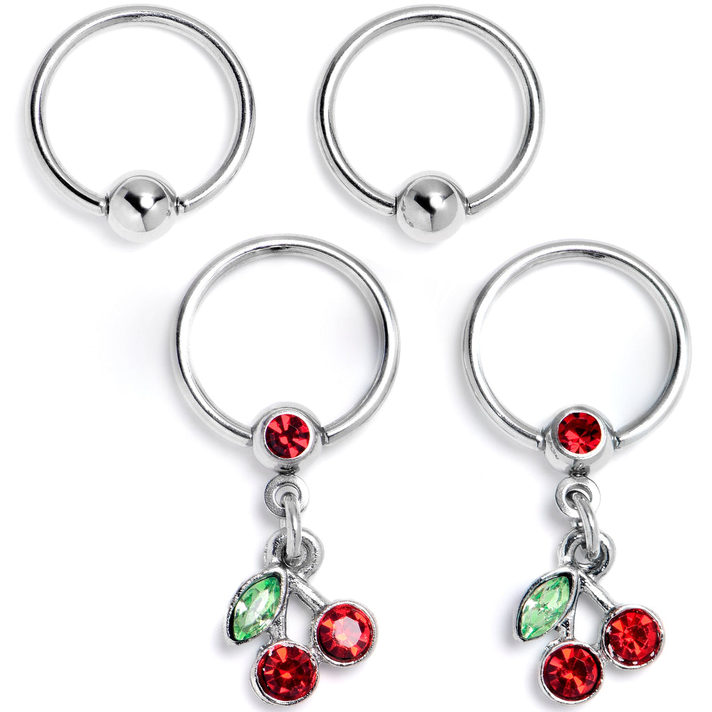 BodyCandy 16G 3/8 Red Green Gem Cherry Dangle BCR Captive Ring Set of 4 — main product shot