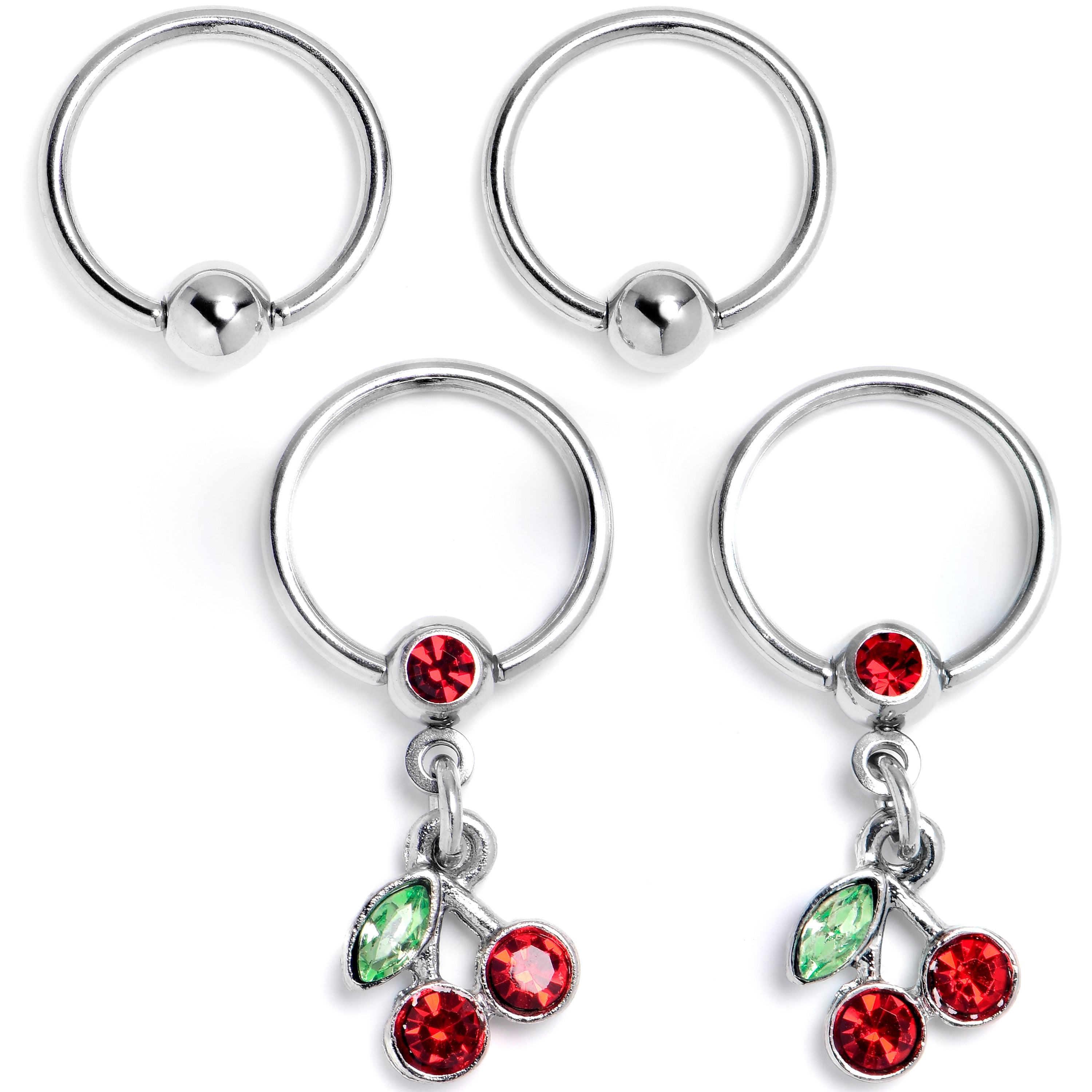 BodyCandy 16G 3/8 Red Green Gem Cherry Dangle BCR Captive Ring Set of 4 — main product shot