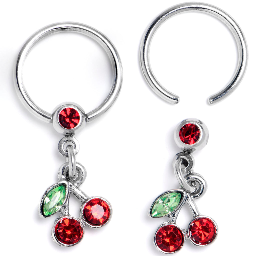 BodyCandy 16G 3/8 Red Green Gem Cherry Dangle BCR Captive Ring Set of 4 — detail close-up