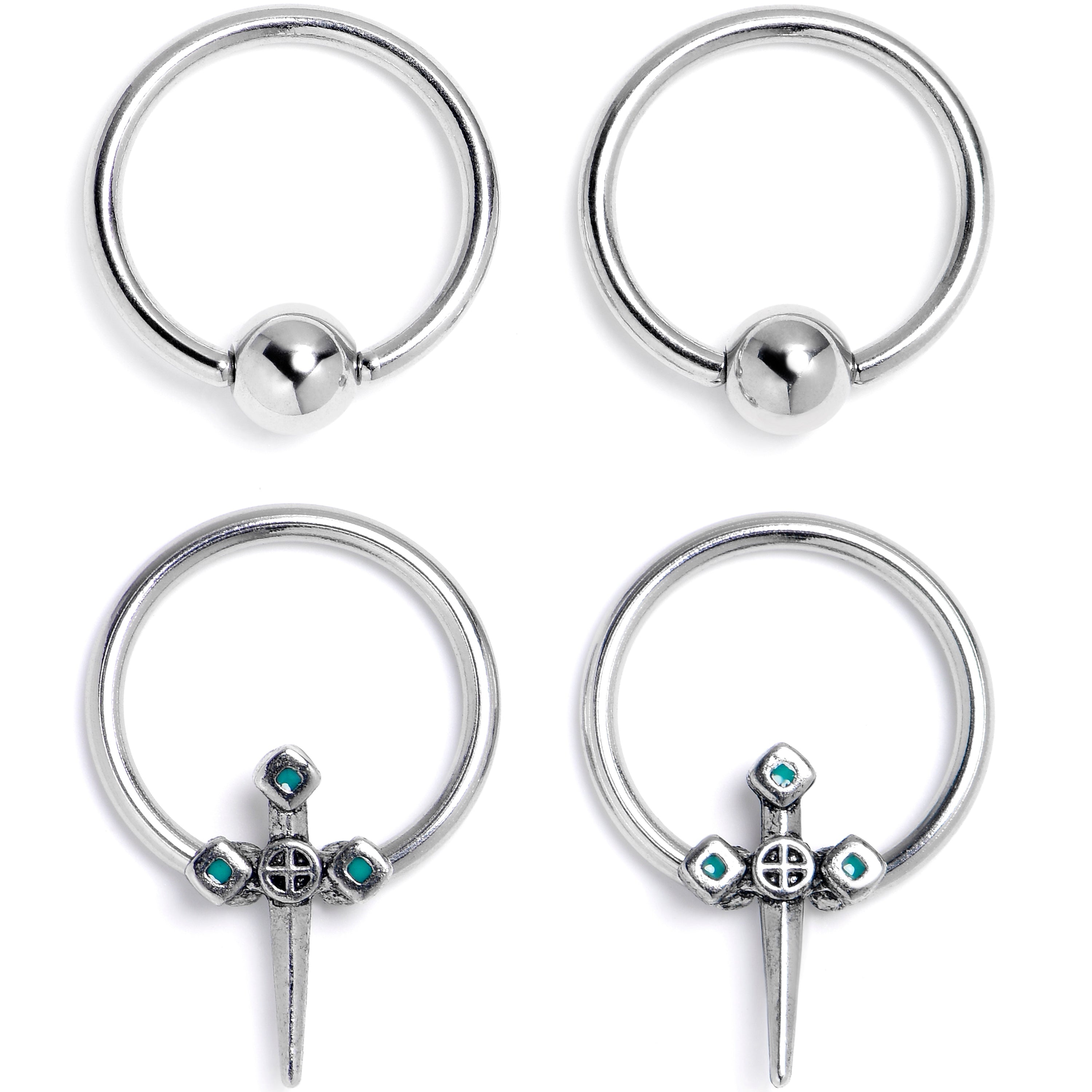 BodyCandy 16G 3/8 Dagger Design Green BCR Captive Ring Set of 4 — main product shot