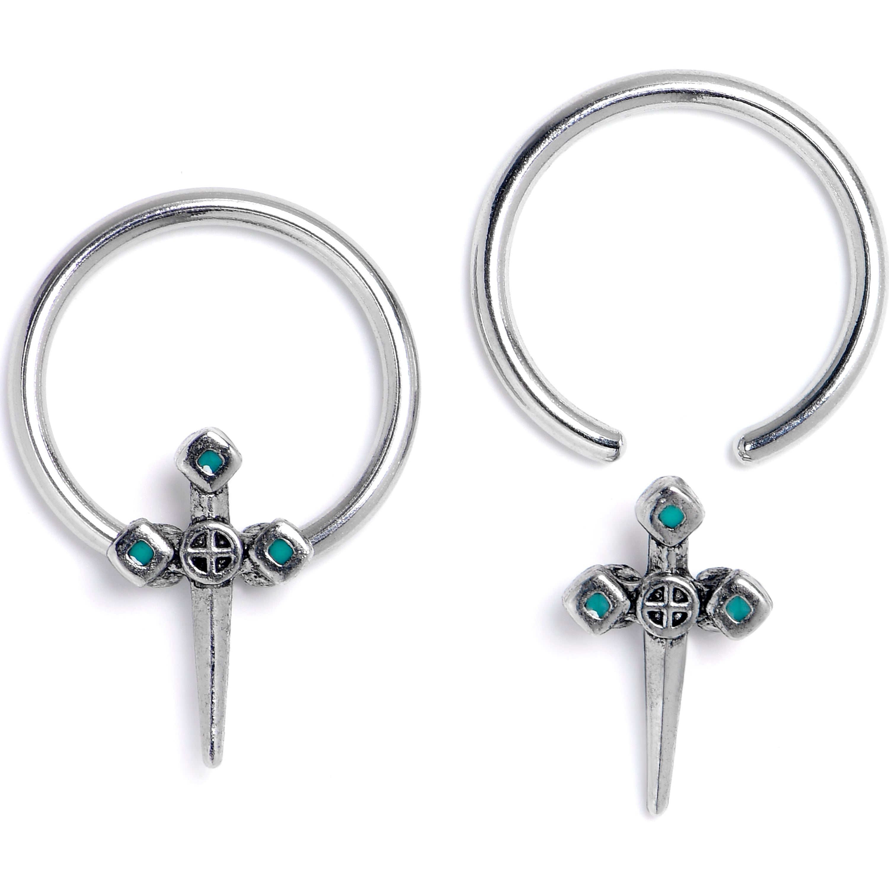 BodyCandy 16G 3/8 Dagger Design Green BCR Captive Ring Set of 4 — detail close-up