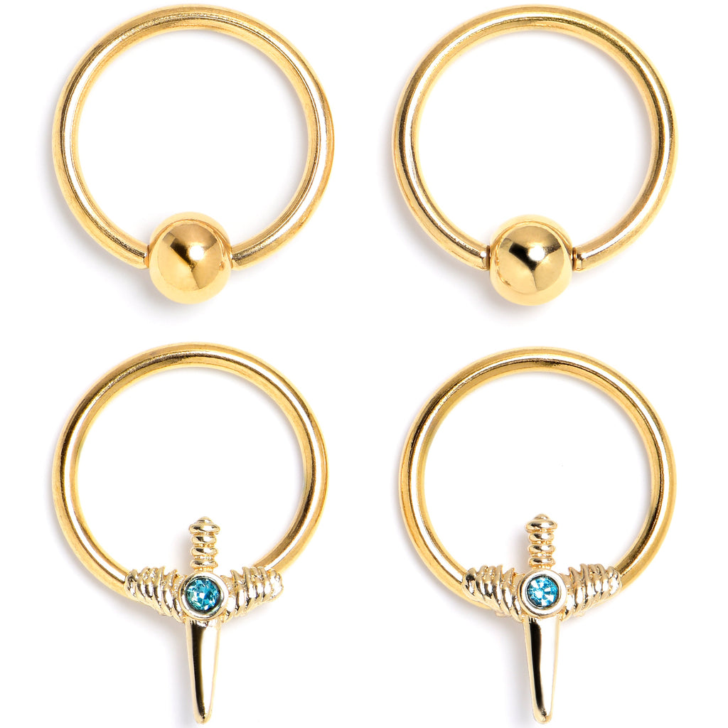 BodyCandy 16G 3/8 Blue Gem Gold Tone Style Knife BCR Captive Ring Set of 4 — main product shot