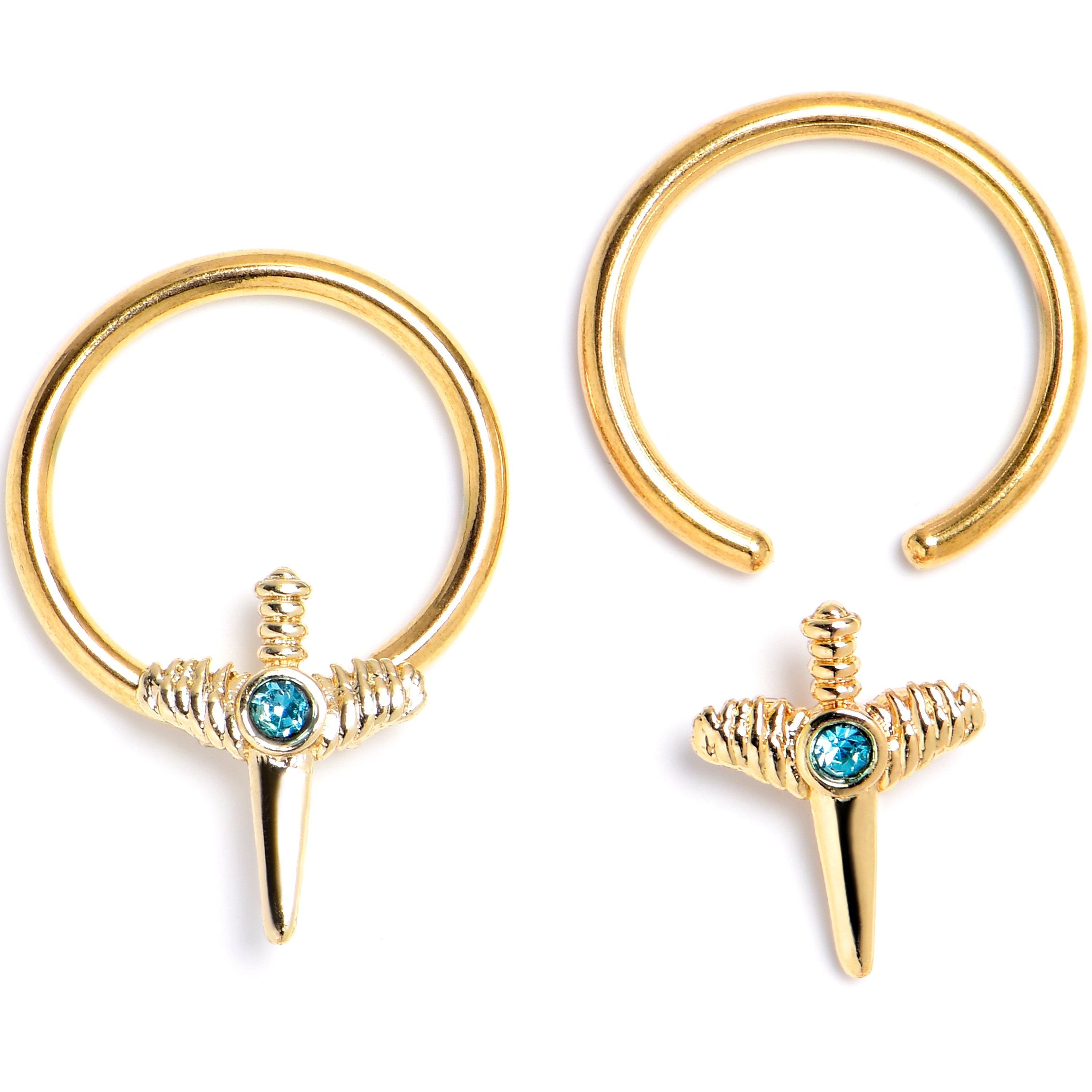BodyCandy 16G 3/8 Blue Gem Gold Tone Style Knife BCR Captive Ring Set of 4 — detail close-up