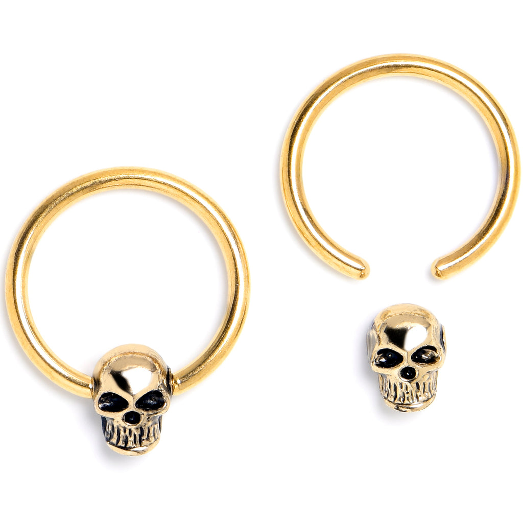 BodyCandy 16G 3/8 Gold Tone Gothic Skulls BCR Captive Ring Set of 4 — detail close-up