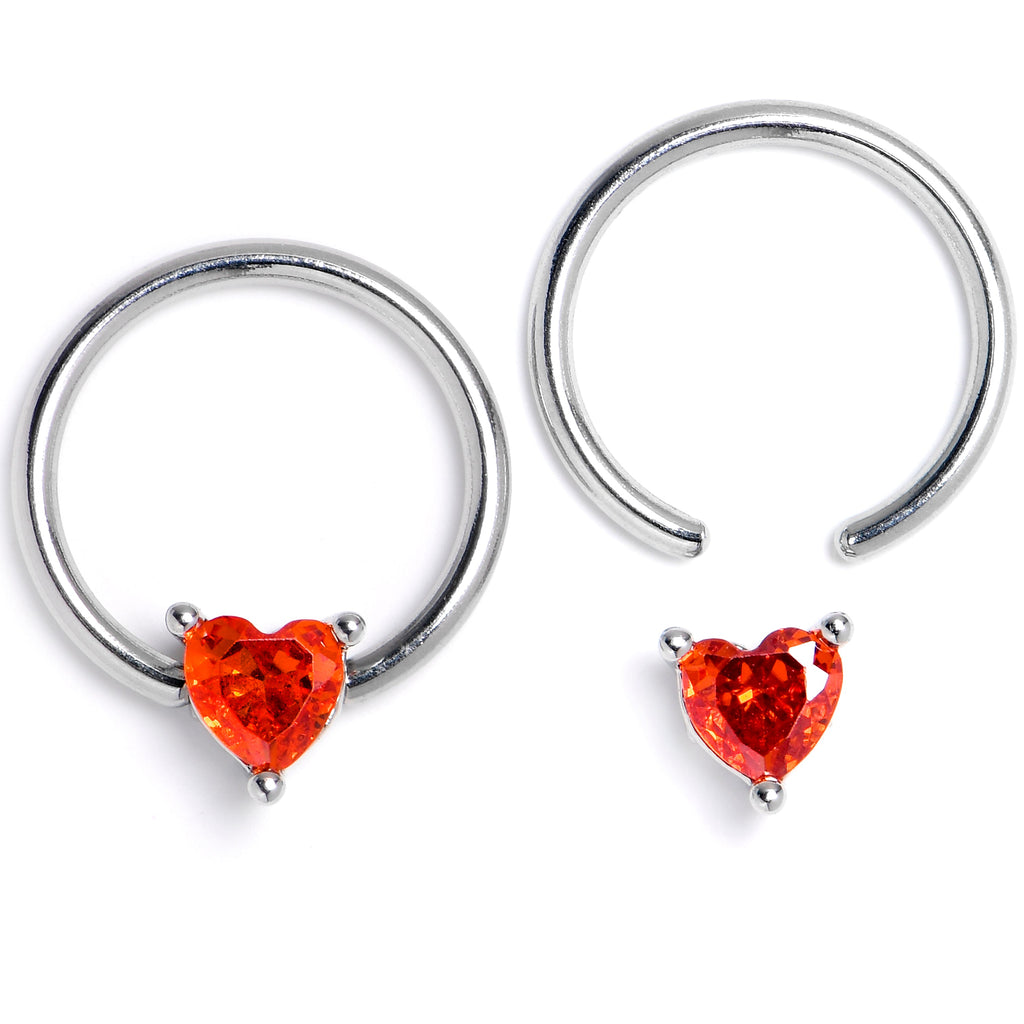 BodyCandy 16G 3/8 Red Gem Heart BCR Captive Ring Set of 4 — detail close-up