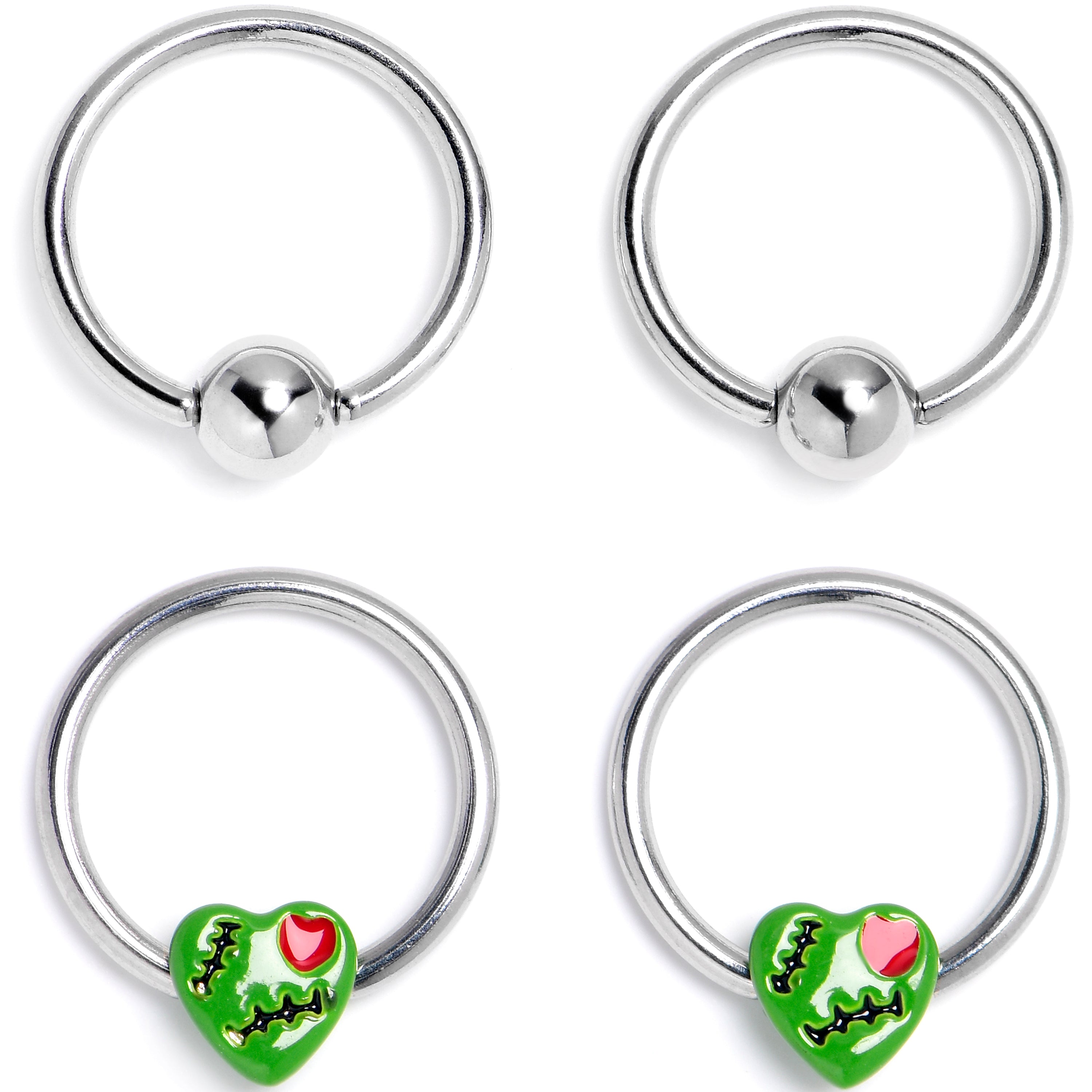 BodyCandy 16G 3/8 Frankenheart Green BCR Captive Ring Set of 4 — main product shot