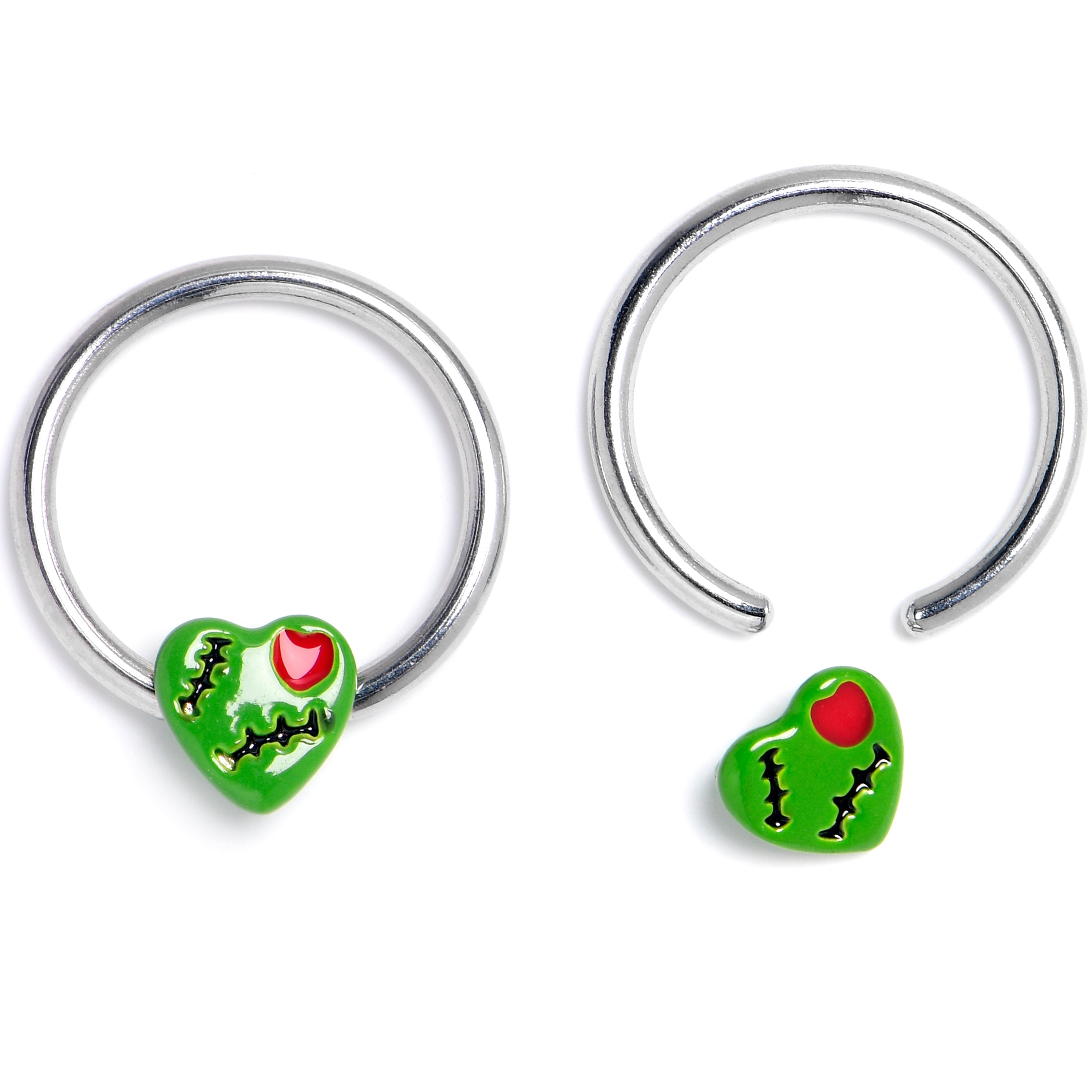BodyCandy 16G 3/8 Frankenheart Green BCR Captive Ring Set of 4 — detail close-up