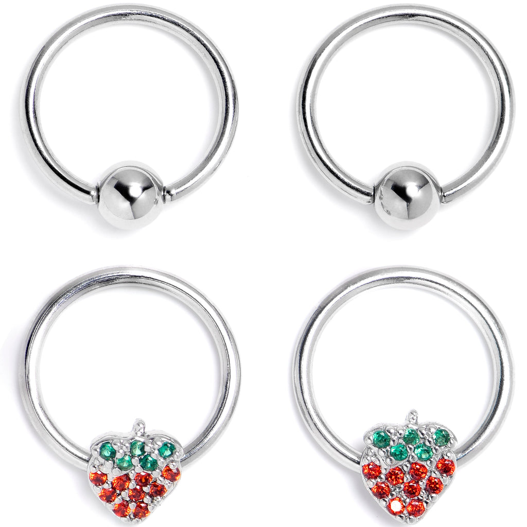BodyCandy 16G 3/8 Red Green Gem Strawberry BCR Captive Ring Set of 4 — main product shot