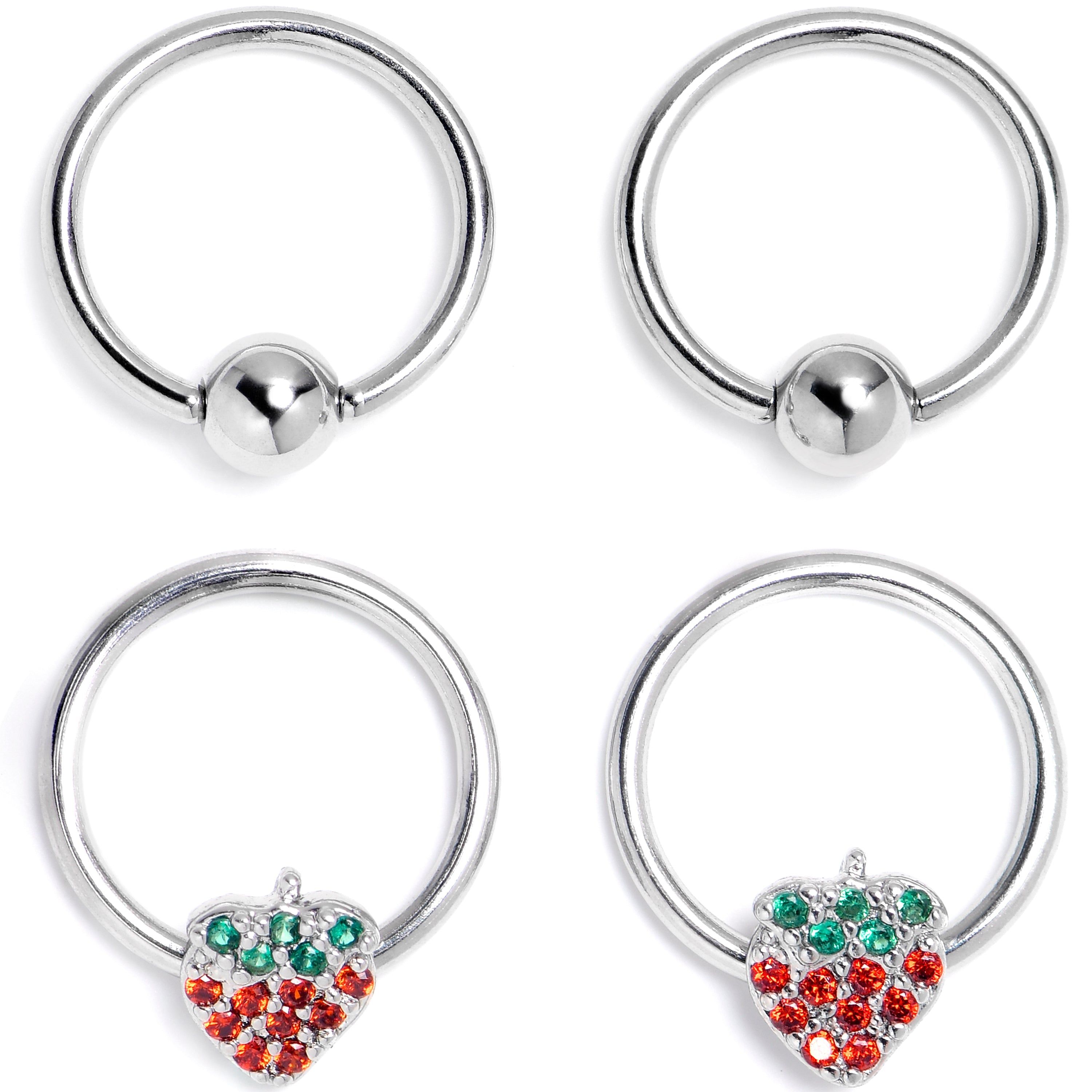 BodyCandy 16G 3/8 Red Green Gem Strawberry BCR Captive Ring Set of 4 — main product shot