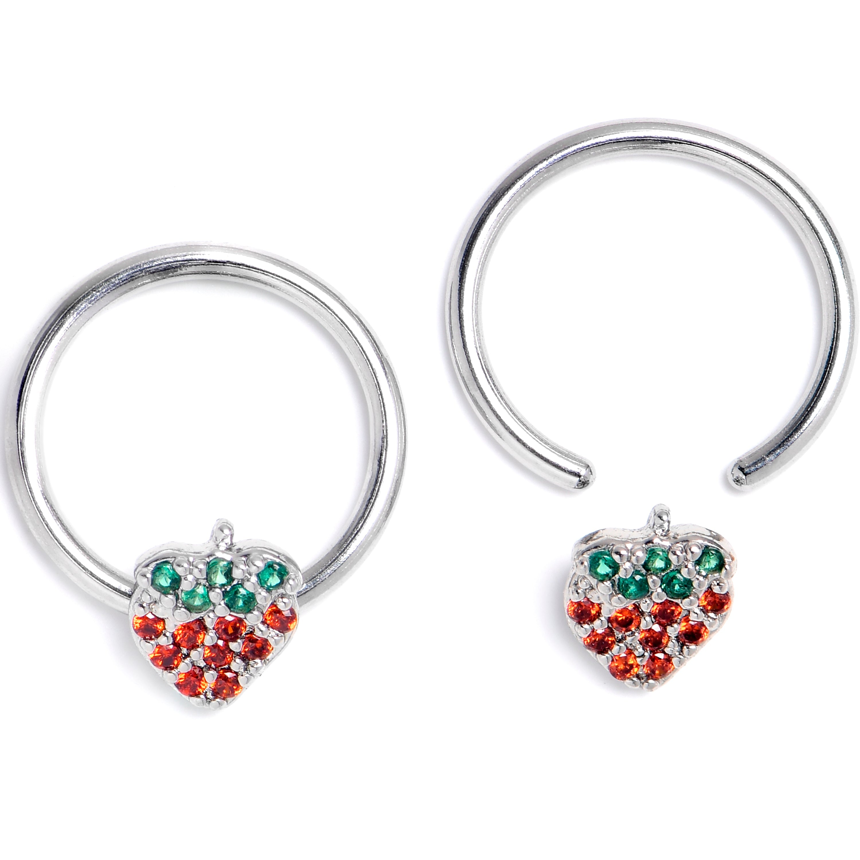 BodyCandy 16G 3/8 Red Green Gem Strawberry BCR Captive Ring Set of 4 — detail close-up