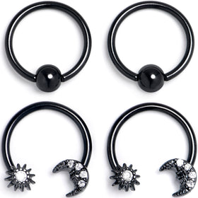 16G 3/8 Clear Gem Black Moon Sun BCR Captive Horseshoe Set of 4