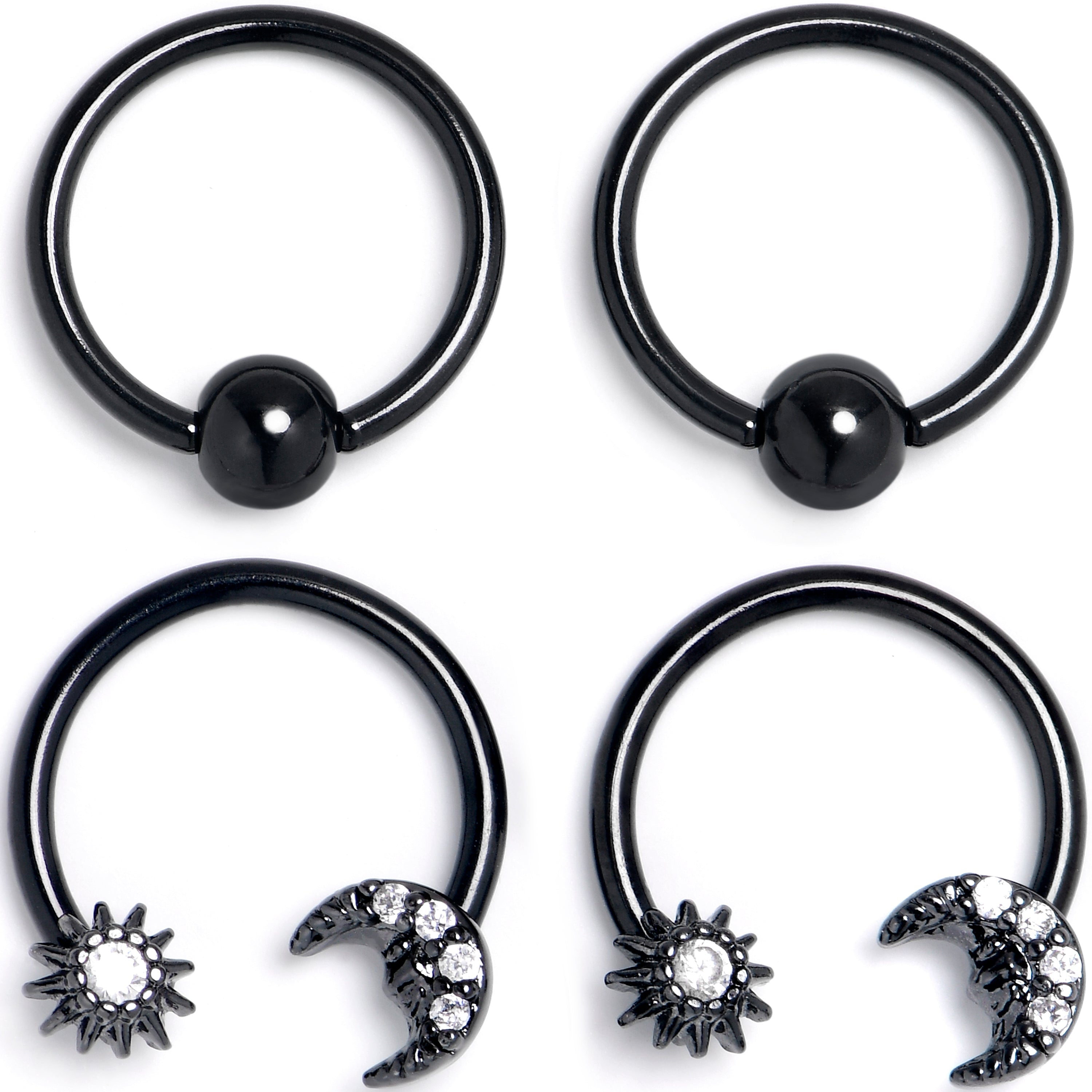 BodyCandy 16G 3/8 Clear Gem Black Moon Sun BCR Captive Horseshoe Set of 4 — main product shot
