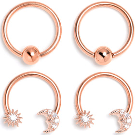 16G 3/8 Clear Gem Rose Gold Tone Moon Sun Captive Horseshoe Set of 4