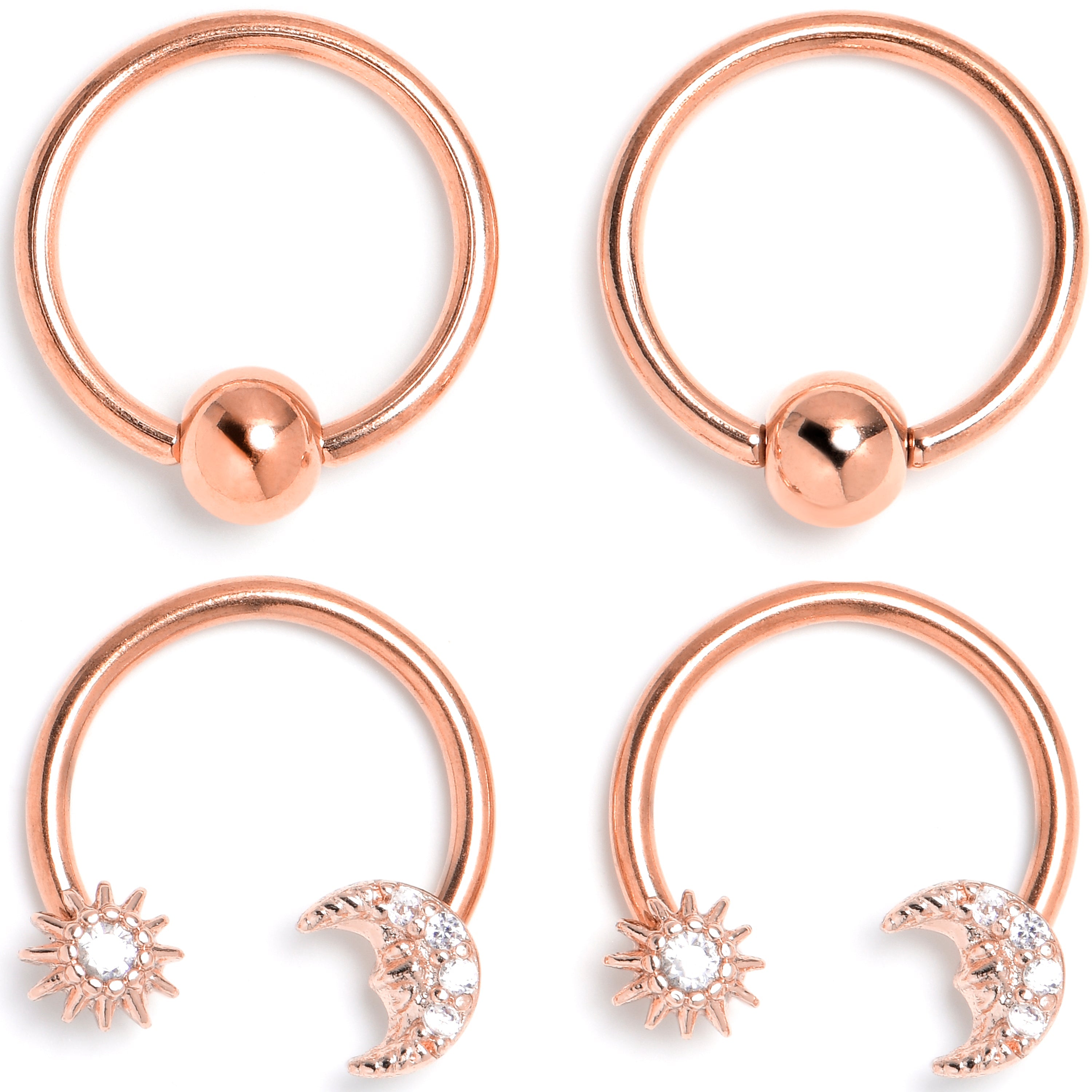 BodyCandy 16G 3/8 Clear Gem Rose Gold Tone Moon Sun Captive Horseshoe Set of 4 — main product shot