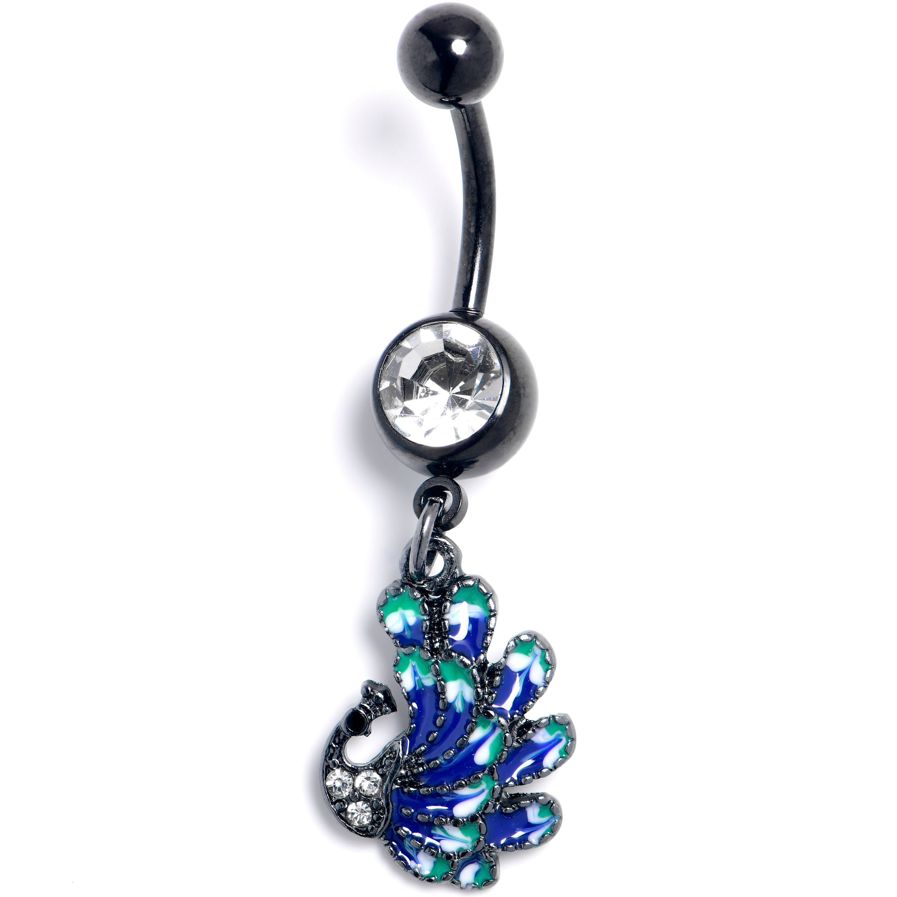 BodyCandy Clear Gem Black Peacock Green Dangle Belly Ring — main product shot