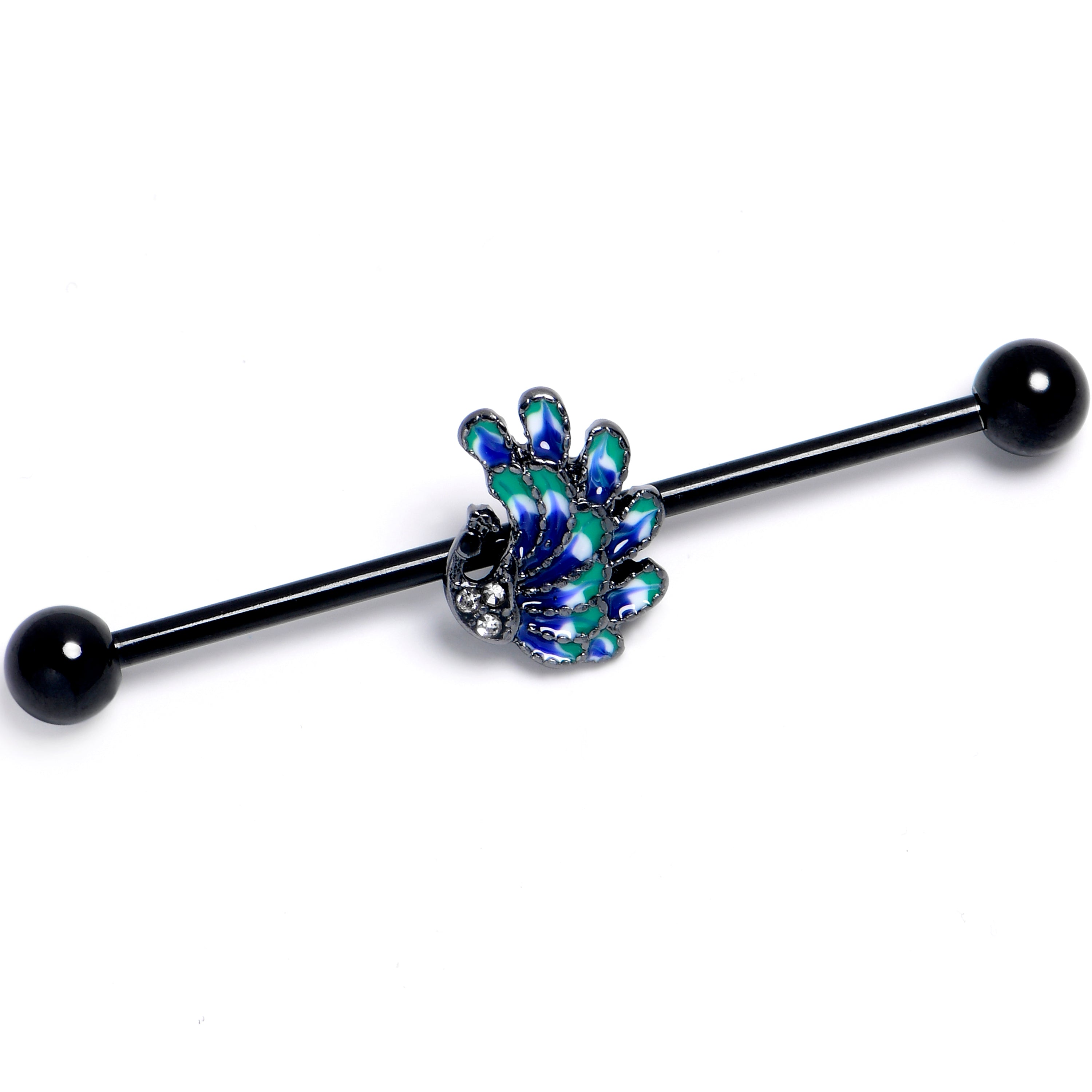 BodyCandy 14G Clear Gem Black Peacock Green Industrial Barbell 38mm — main product shot