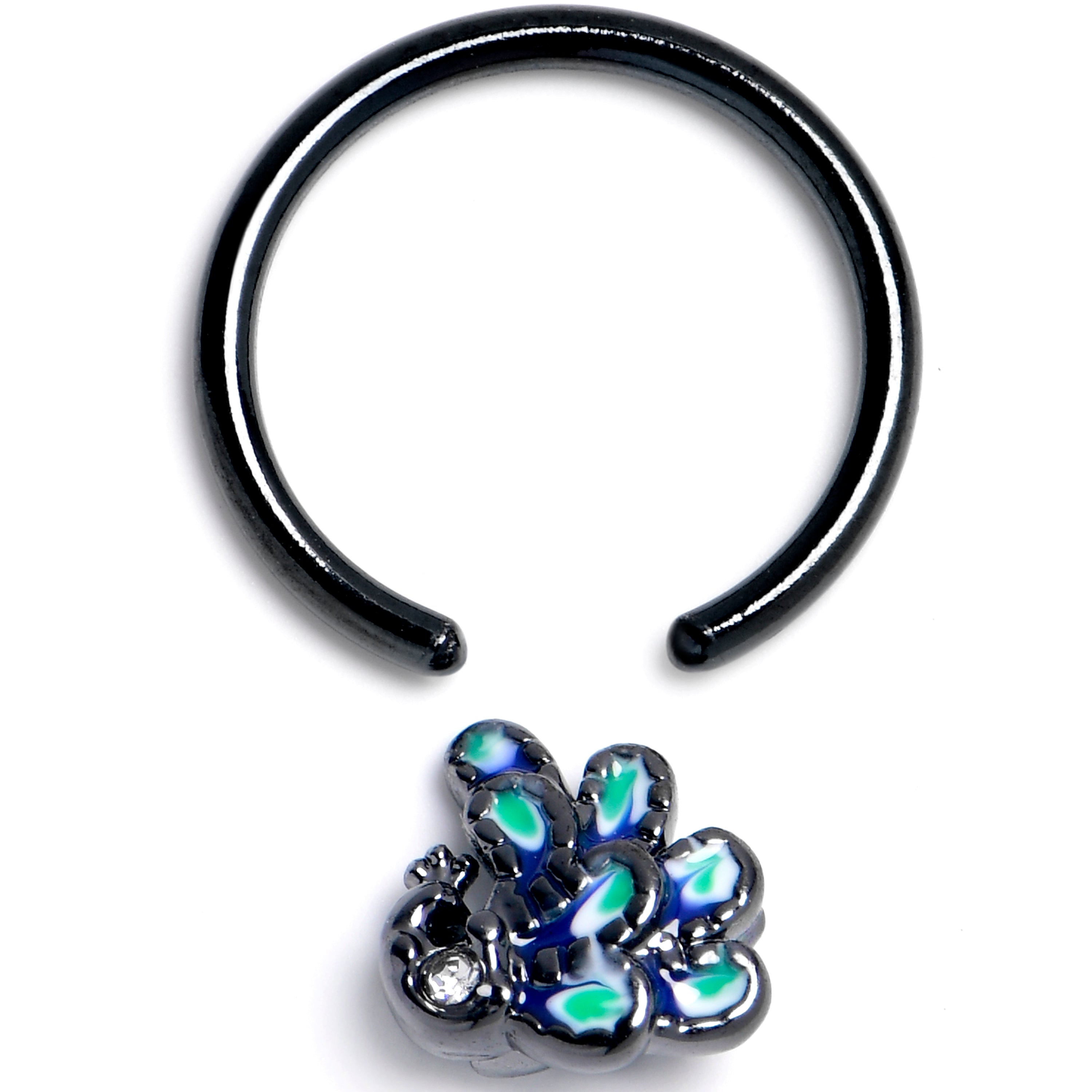 BodyCandy 16G 3/8 Clear Gem Black Peacock Green BCR Captive Ring — detail close-up