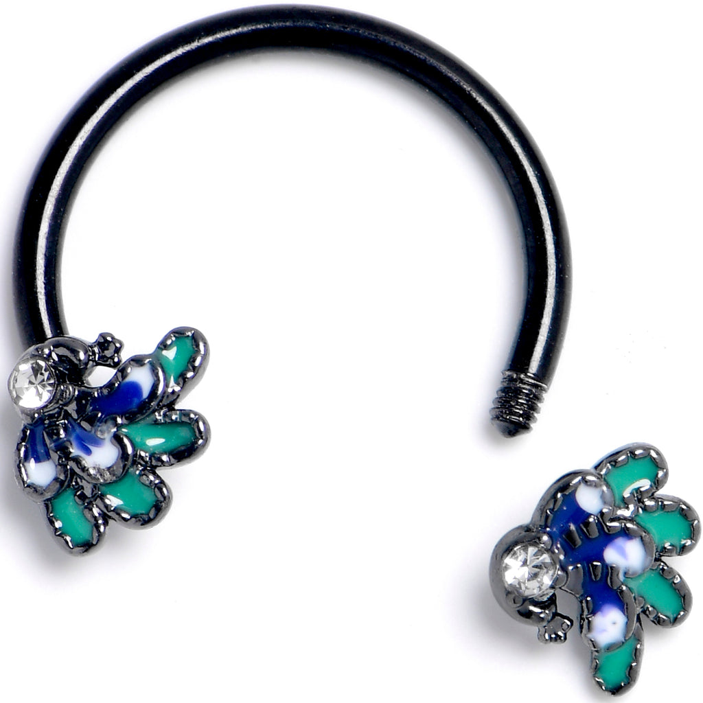 BodyCandy 16G 3/8 Clear Gem Black Peacock Green Horseshoe Circular Barbell — detail close-up