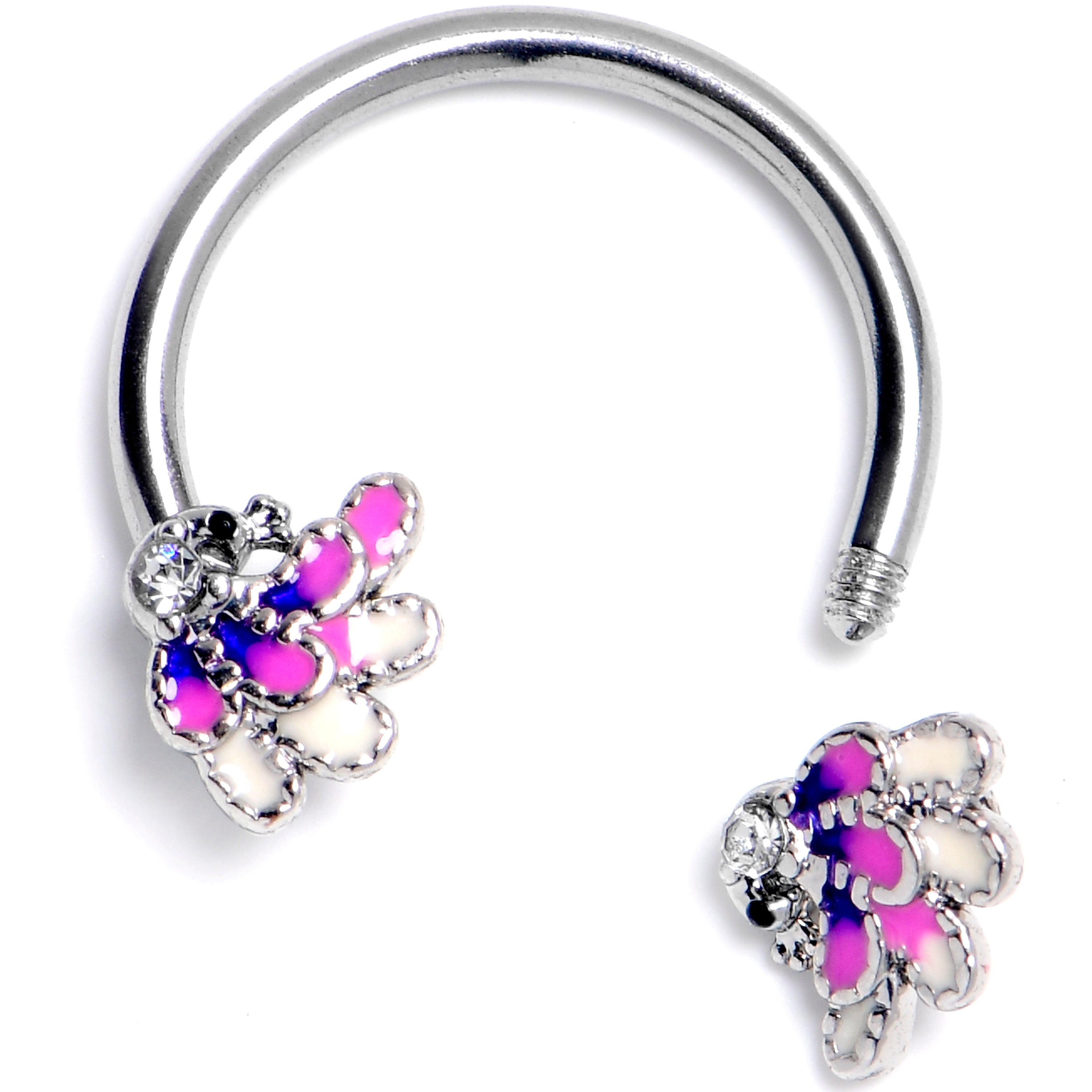 BodyCandy 16G 3/8 Clear Gem Peacock Purple Horseshoe Circular Barbell — detail close-up