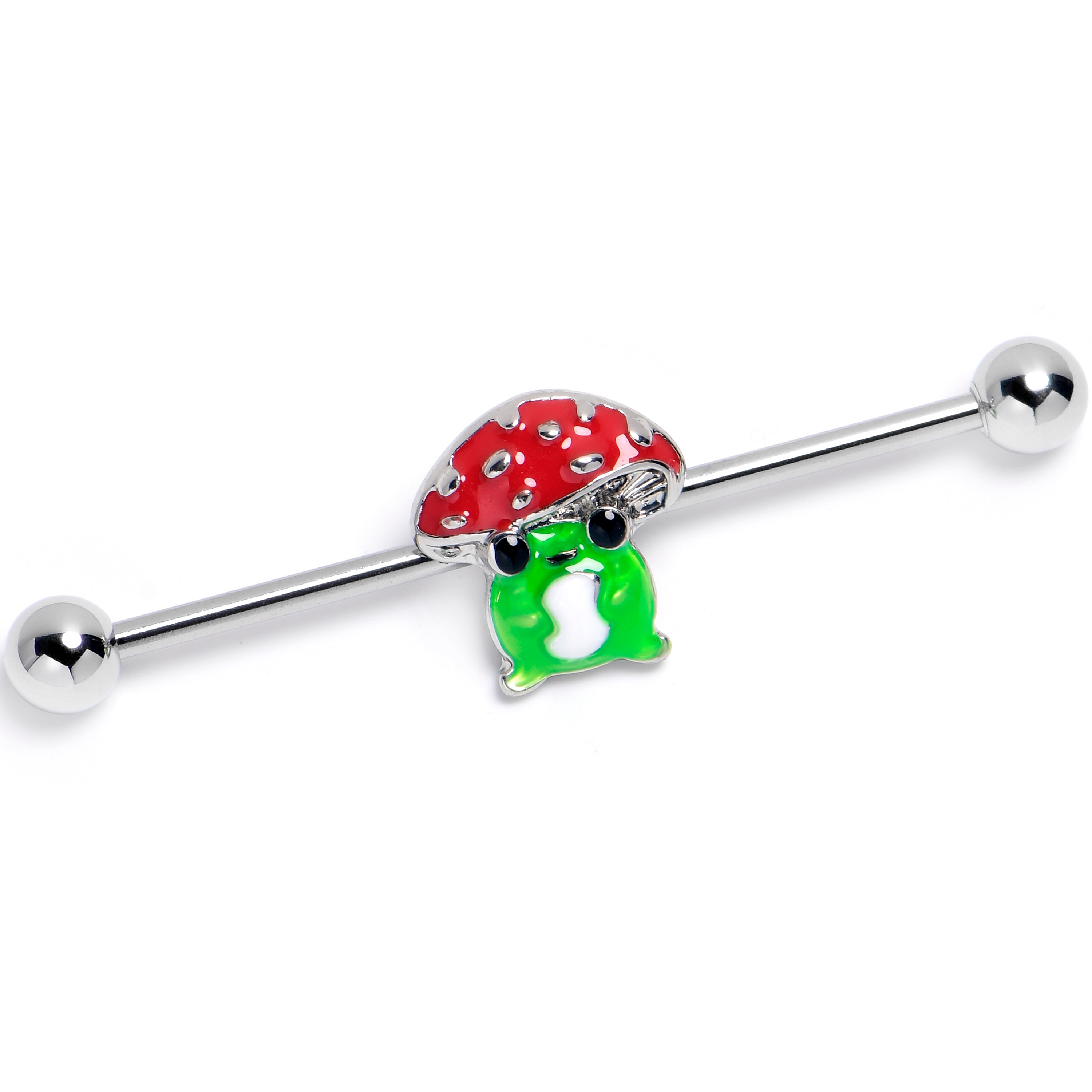BodyCandy 14G Happy Mushroom Green Red Industrial Barbell 38mm — main product shot