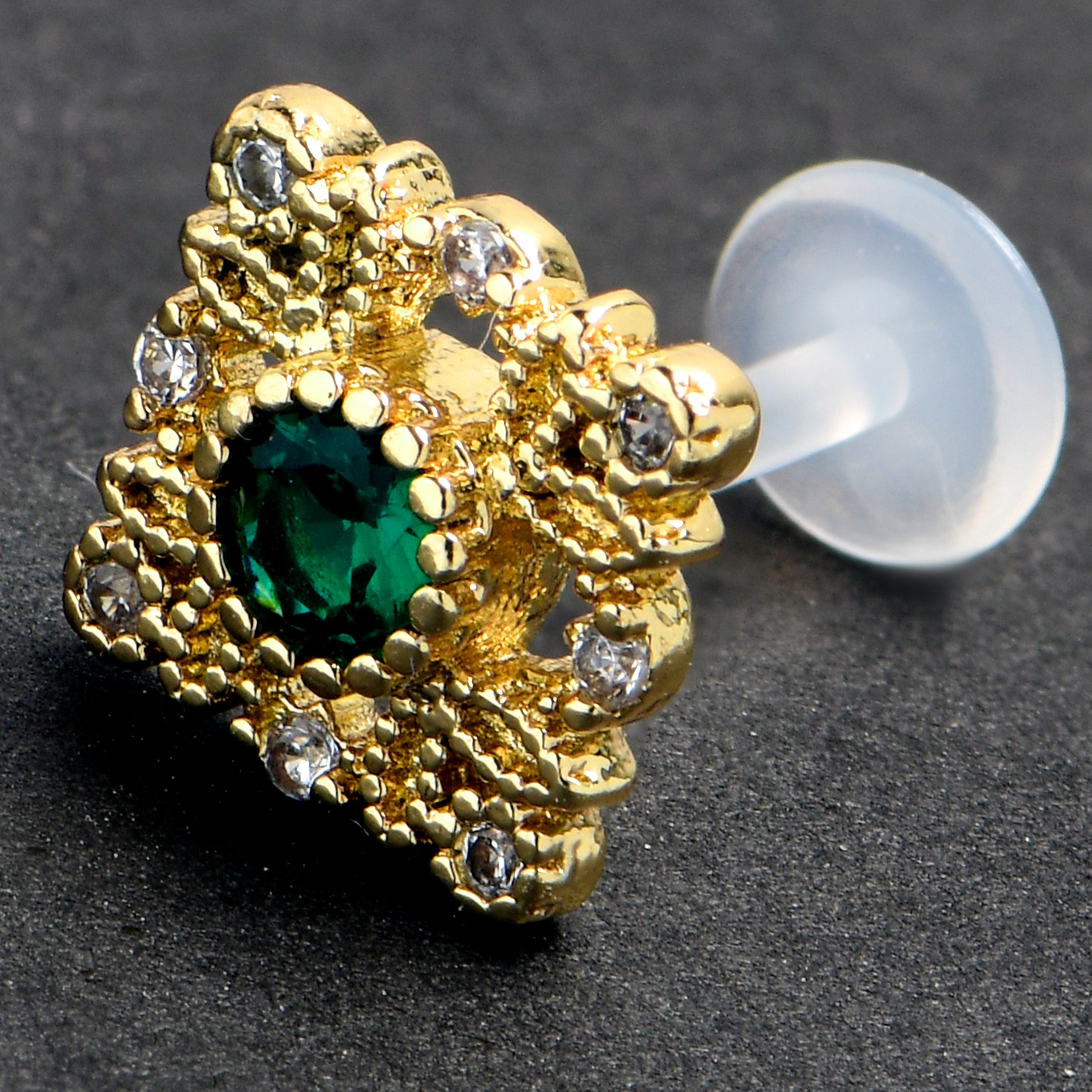BodyCandy 16G 5/16 Green Gem Classic Cross PTFE Bioplast Labret Monroe Tragus — main product shot