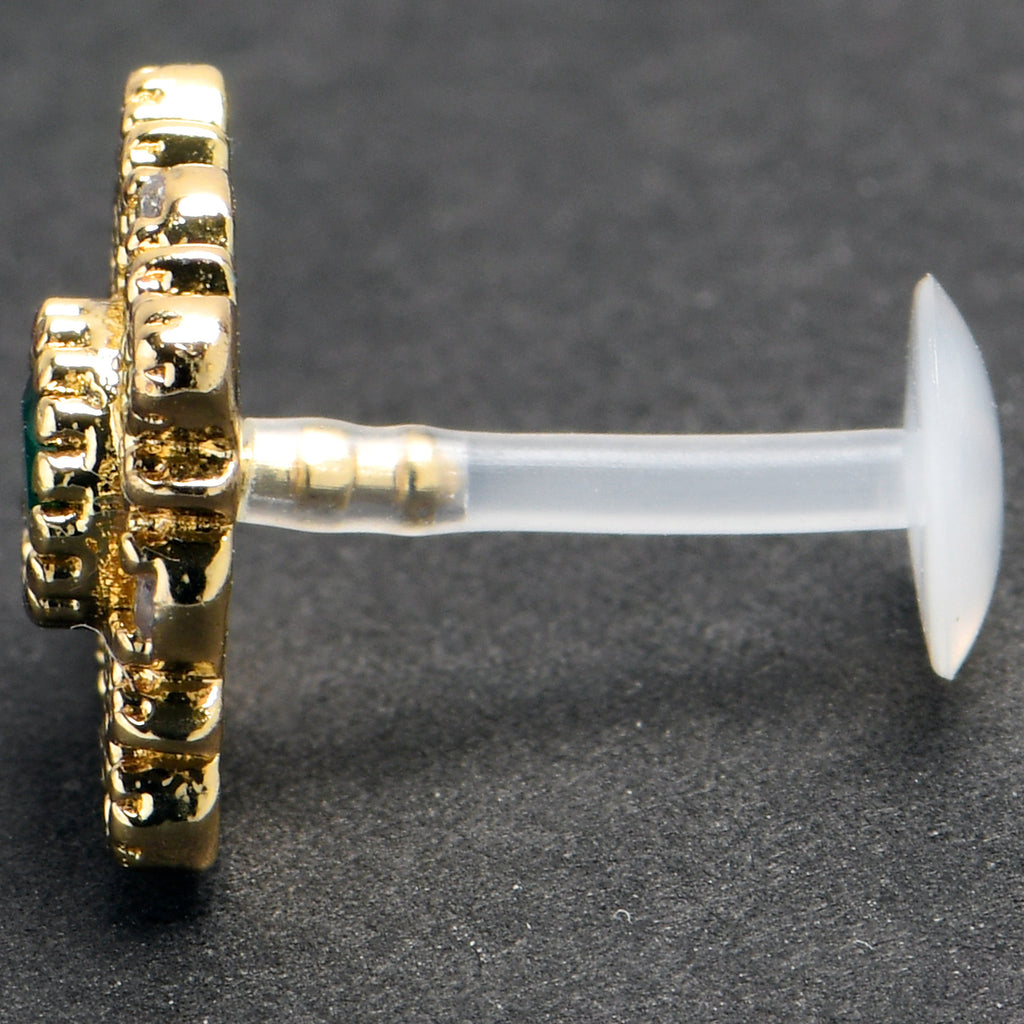 BodyCandy 16G 5/16 Green Gem Classic Cross PTFE Bioplast Labret Monroe Tragus — detail close-up