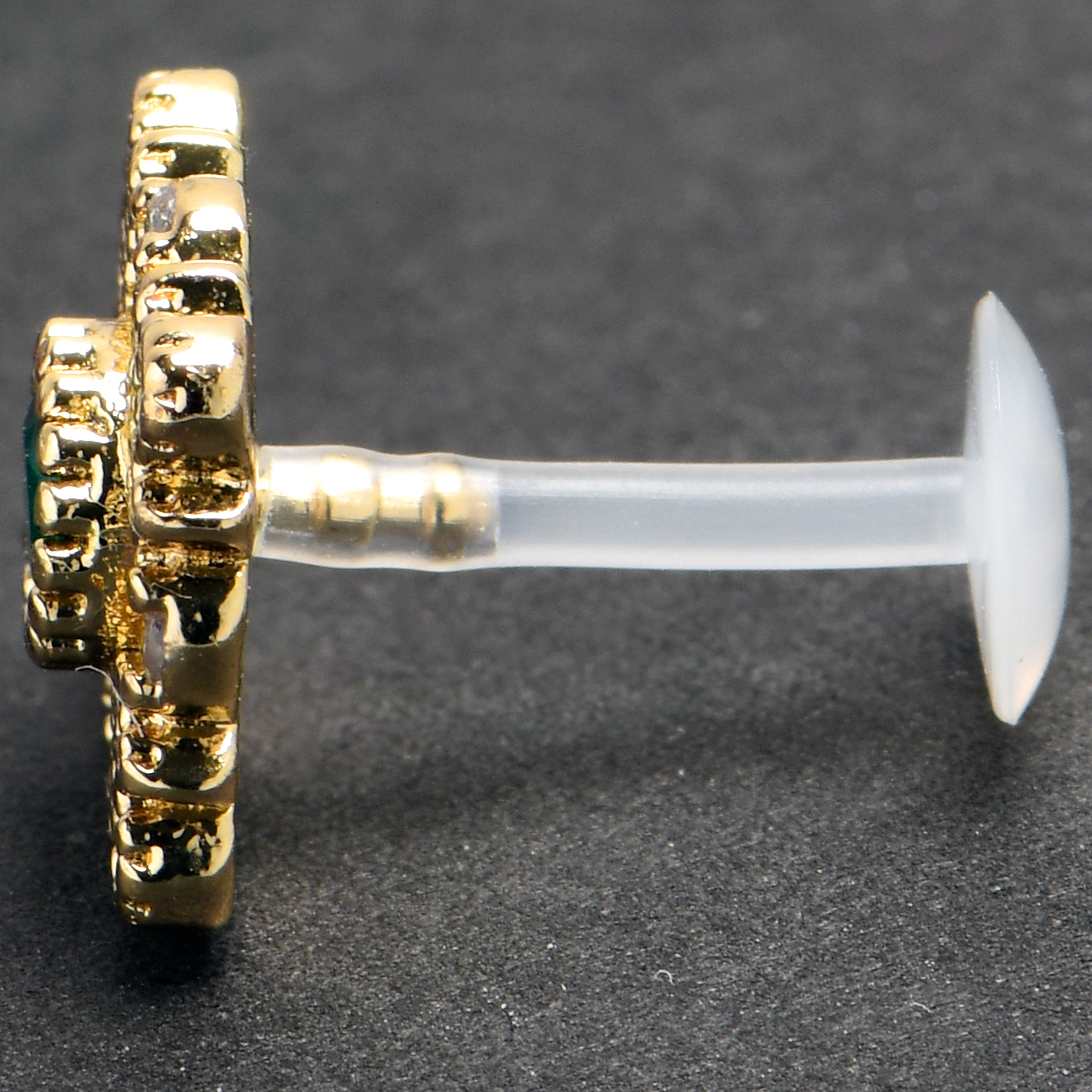 BodyCandy 16G 5/16 Green Gem Classic Cross PTFE Bioplast Labret Monroe Tragus — detail close-up