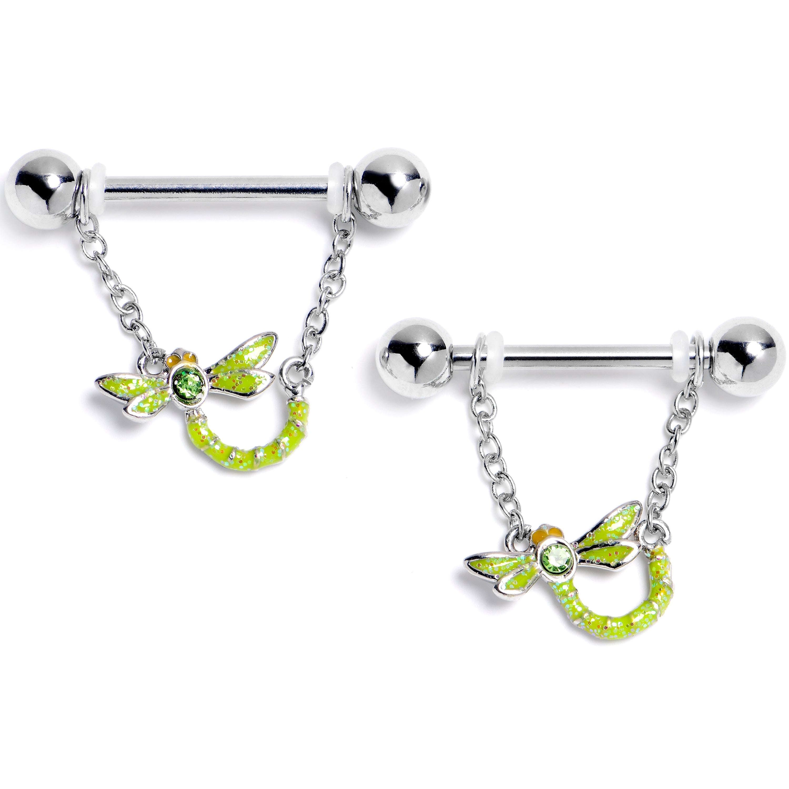 BodyCandy 14G 9/16 Green Gem Glitter Dragonfly Dangle Nipple Ring Set — main product shot