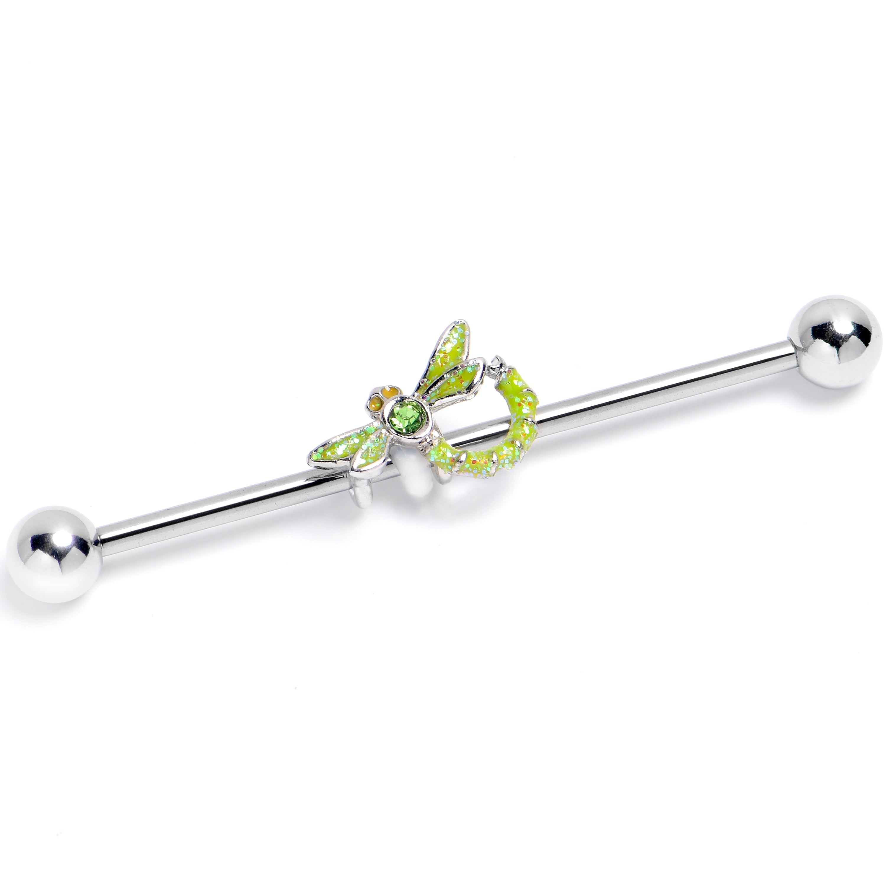 BodyCandy 14G Green Gem Glitter Dragonfly Industrial Barbell 38mm — main product shot