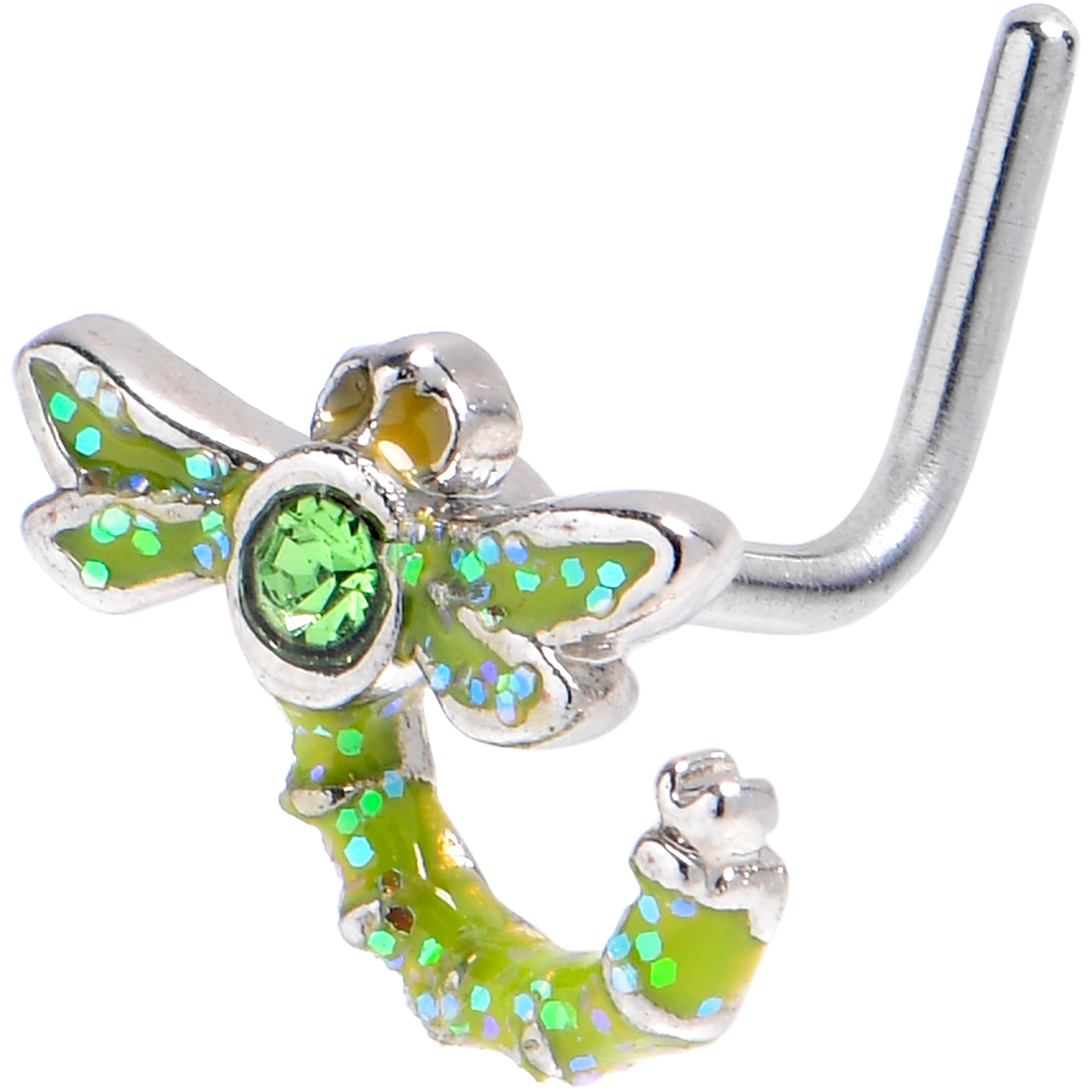 BodyCandy 20G 7mm Green Gem Glitter Dragonfly L Shape Nose Ring — main product shot