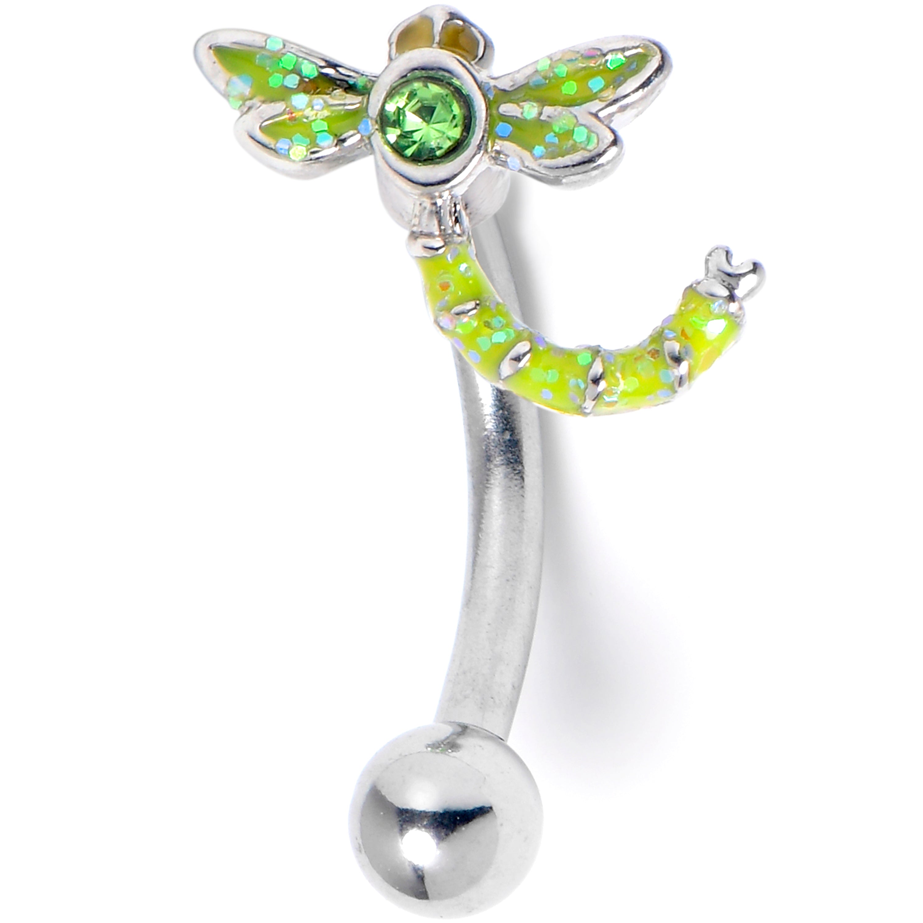 BodyCandy 16G 5/16 Green Gem Glitter Dragonfly Curved Eyebrow Ring — main product shot